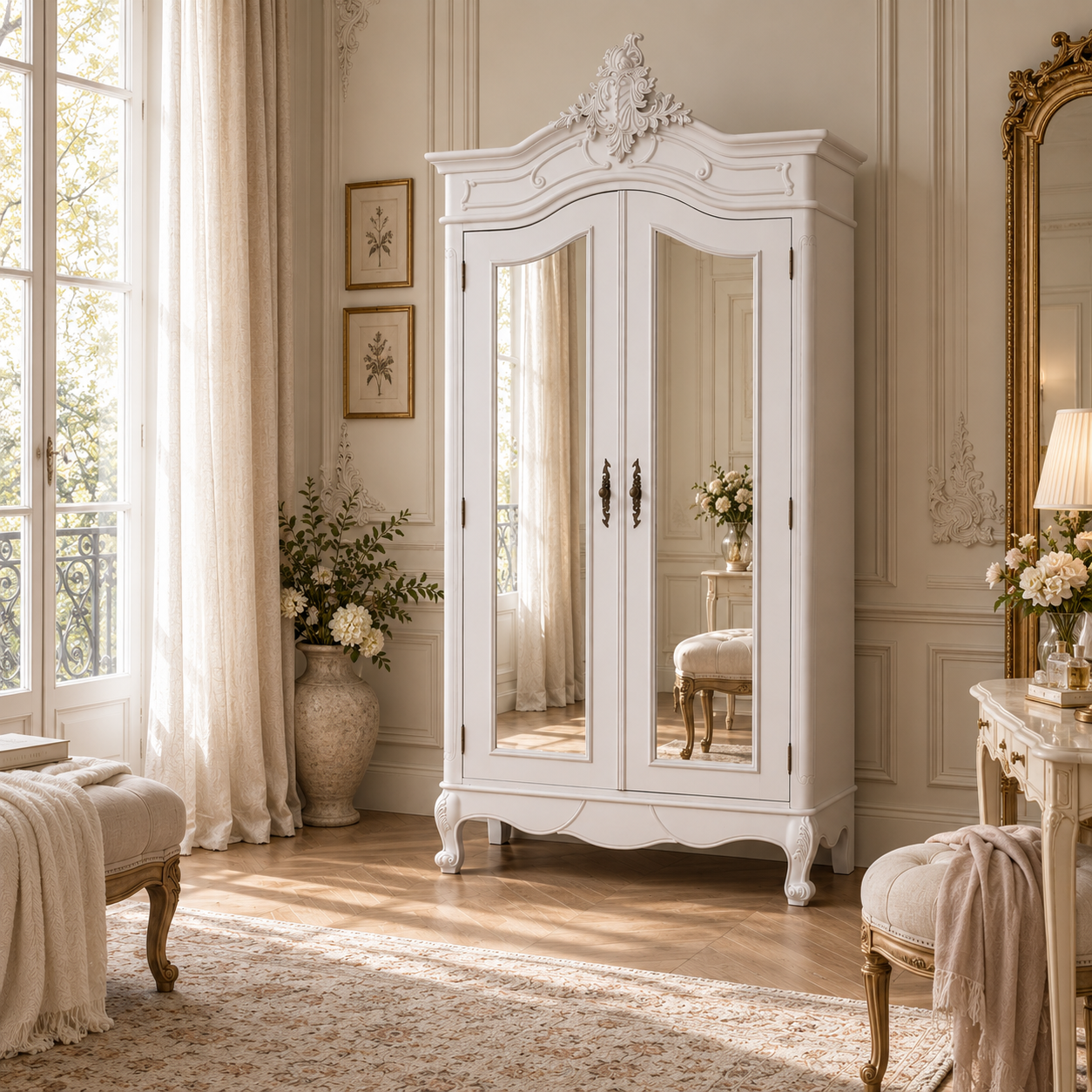 Vivienne White Carved Mirrored Double Door Armoire Wardrobe