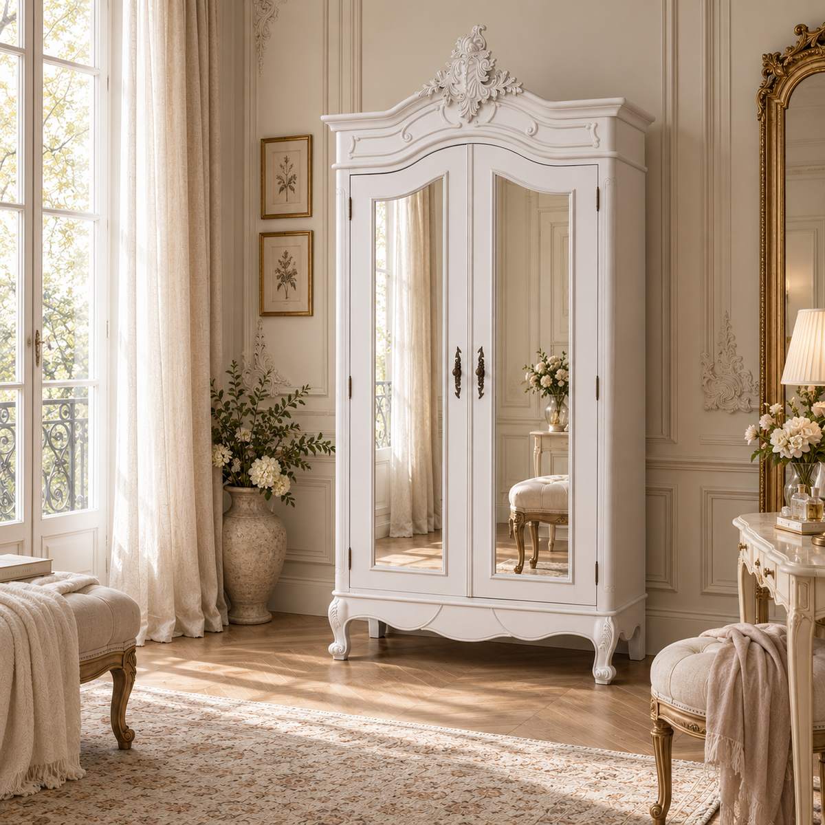 Vivienne White Carved Mirrored Double Door Armoire Wardrobe