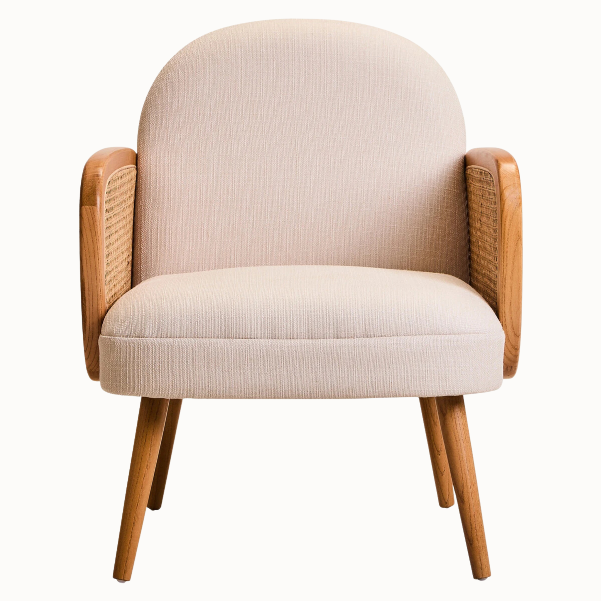 Adèle Ivory Upholstered Accent Armchair with Natural Cane Panels and Elm Wood Frame