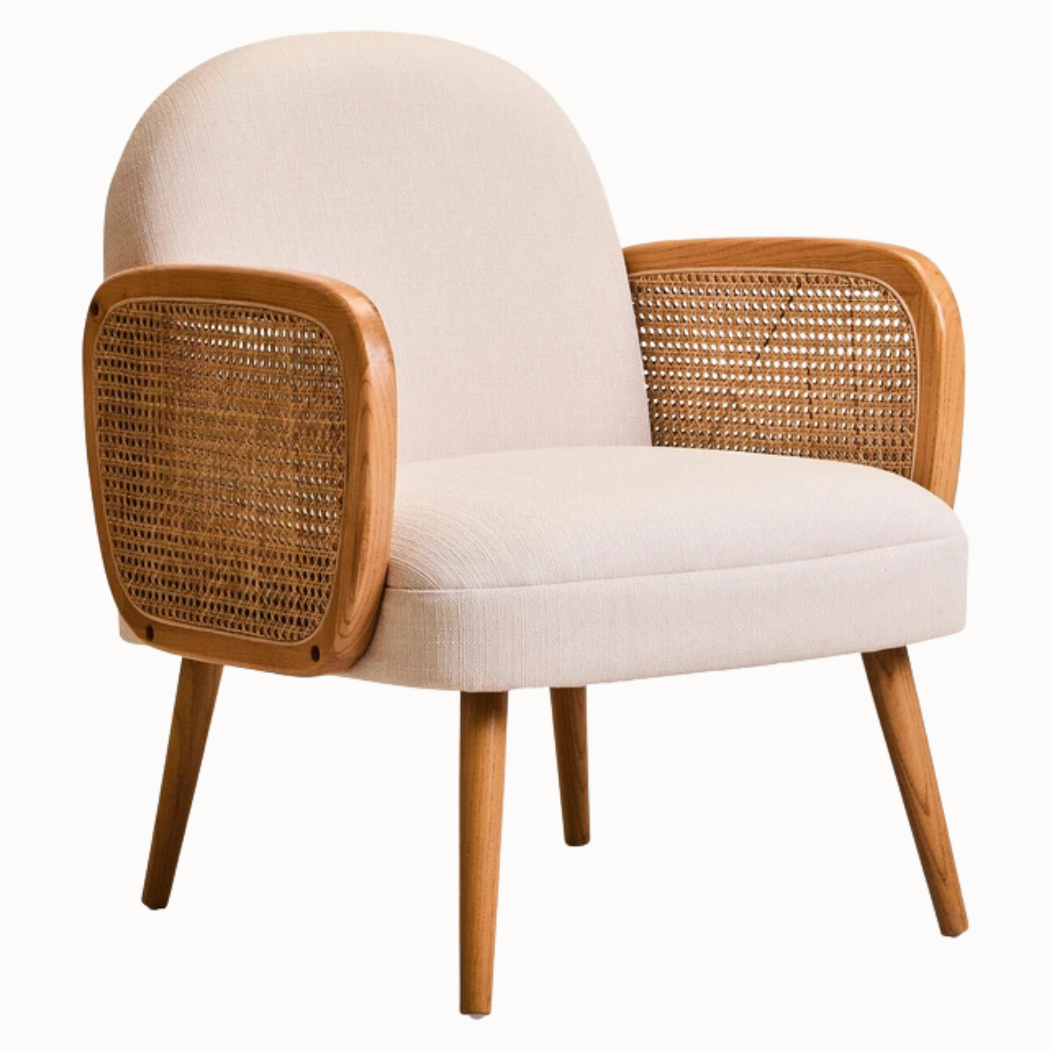 Adèle Ivory Upholstered Accent Armchair with Natural Cane Panels and Elm Wood Frame