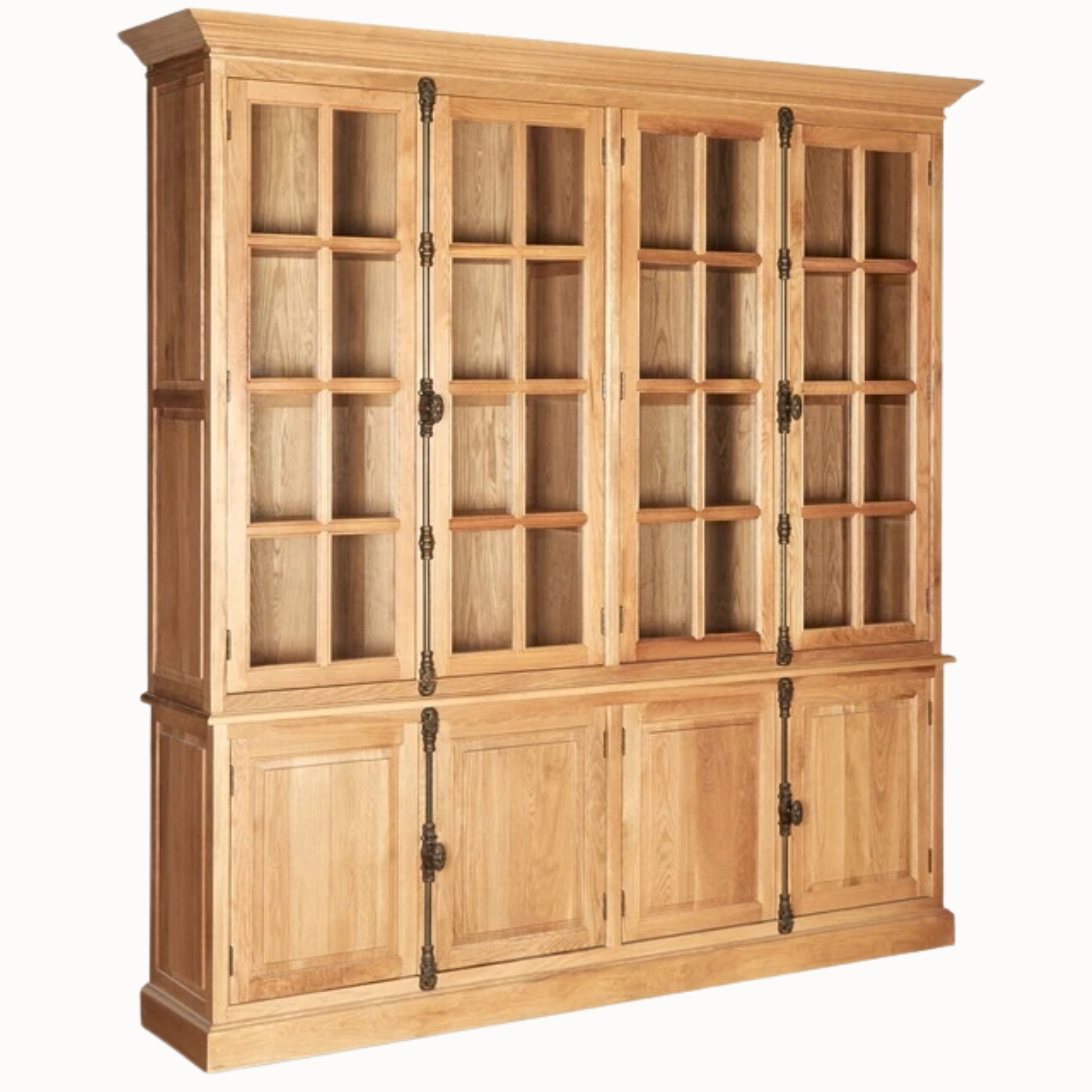 Alaric Large 220cm Natural Oak Wood 8 Door Display and Storage Cabinet with Glass Doors