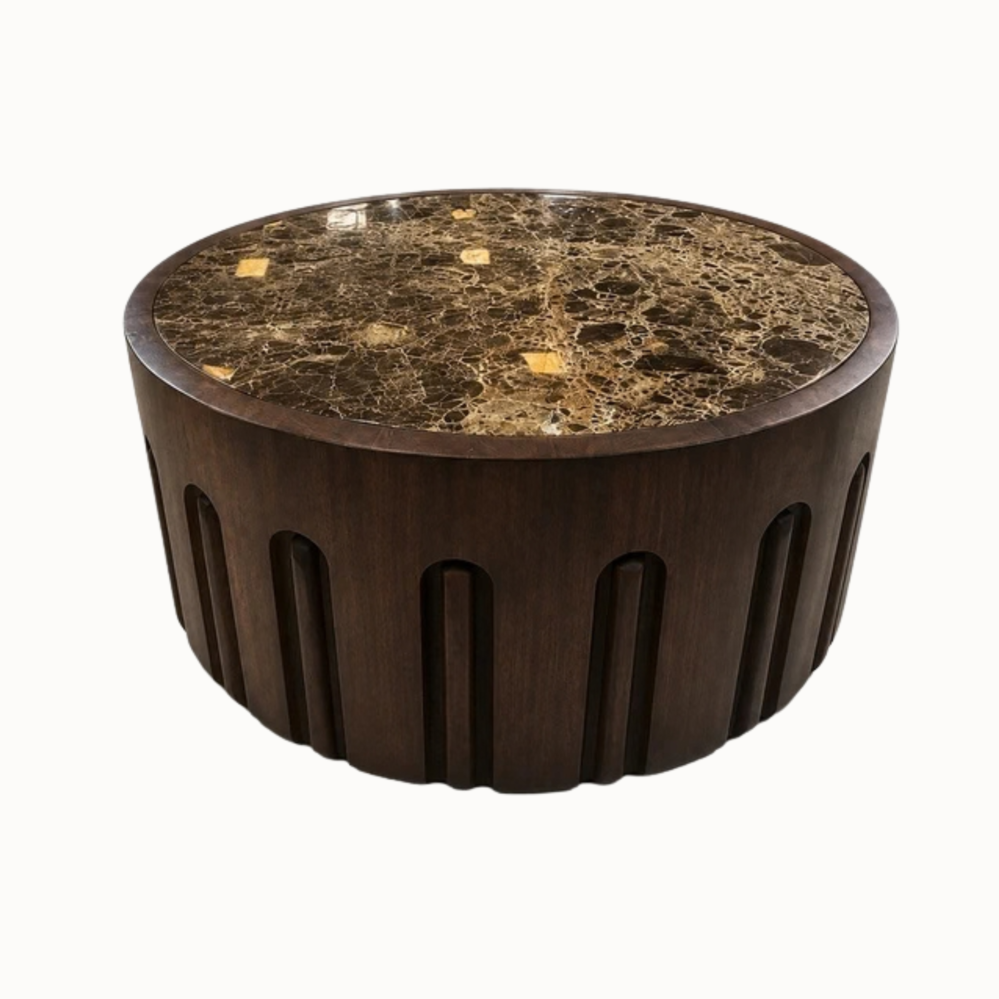 Marceau 70cm Round Dark Emperador Marble and Dark Mango Wood Carved Coffee Table