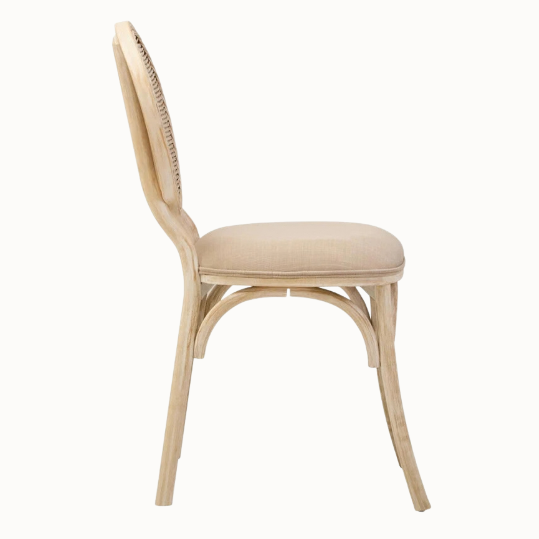 Camille White Washed Elm Wood Dining Chair with Woven Cane Back & Beige Upholstered Seat