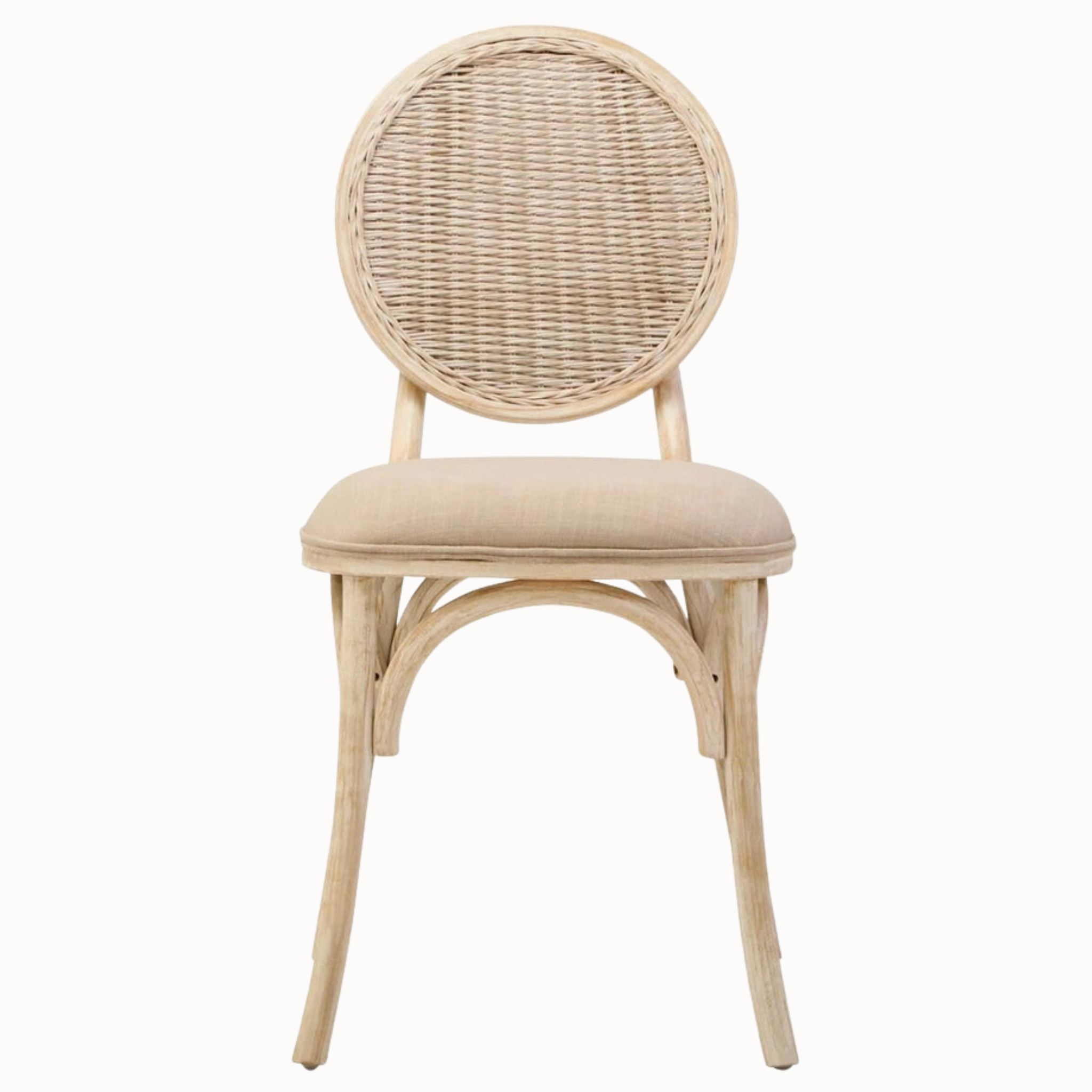 Camille White Washed Elm Wood Dining Chair with Woven Cane Back & Beige Upholstered Seat