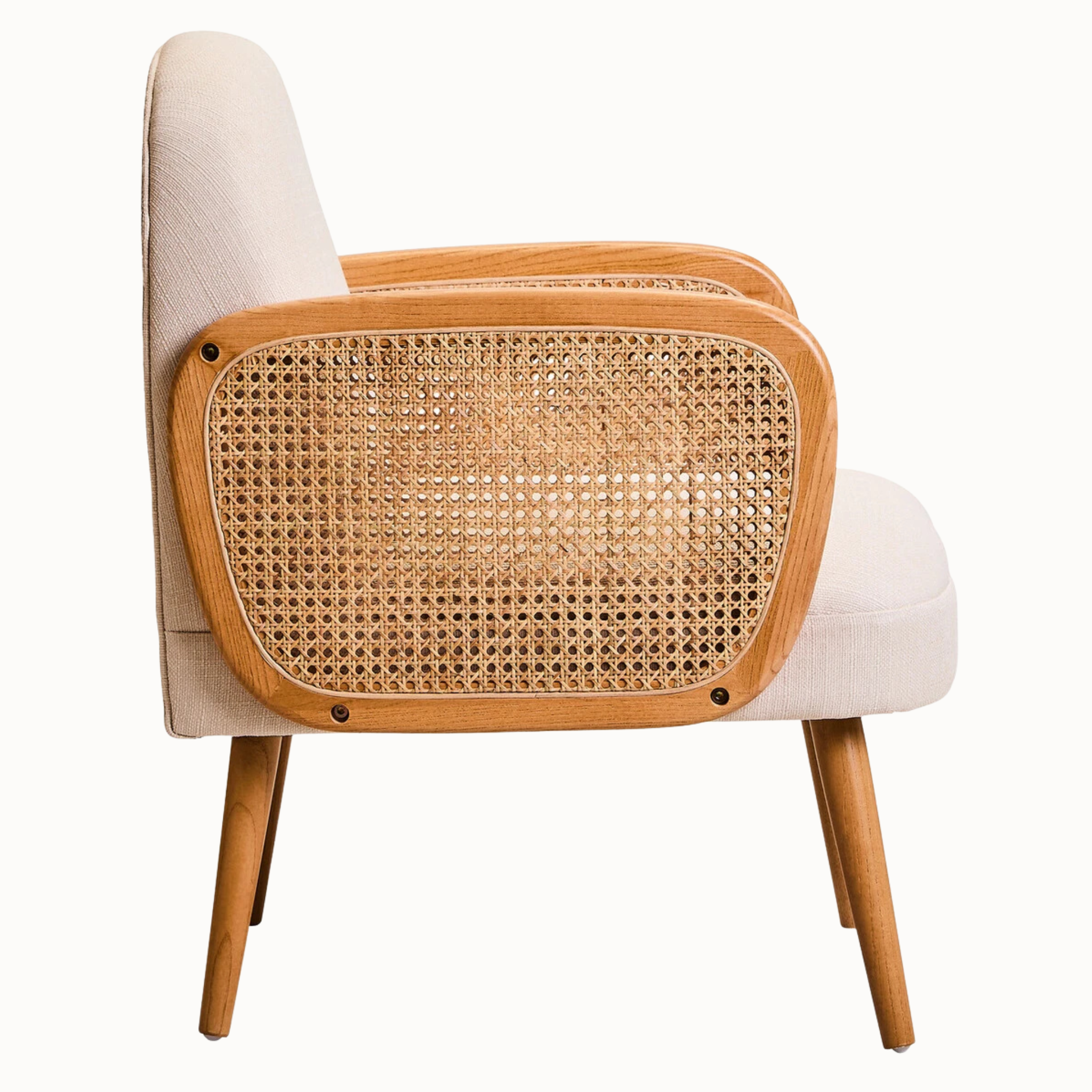 Adèle Ivory Upholstered Accent Armchair with Natural Cane Panels and Elm Wood Frame