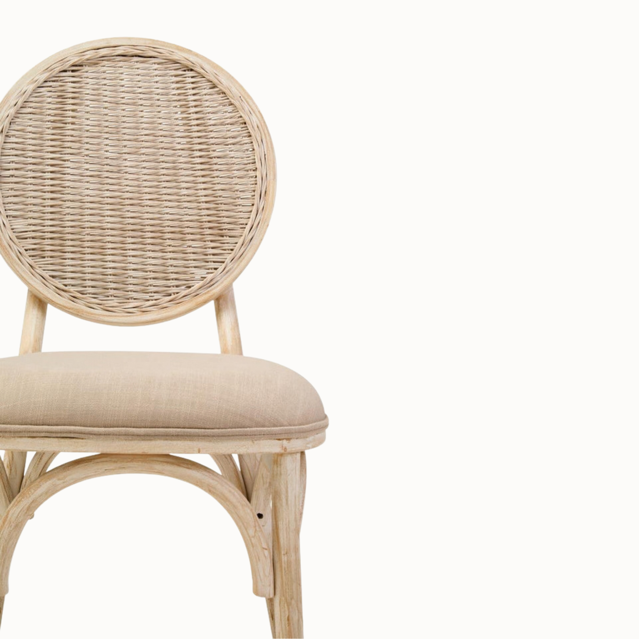 Camille White Washed Elm Wood Dining Chair with Woven Cane Back & Beige Upholstered Seat
