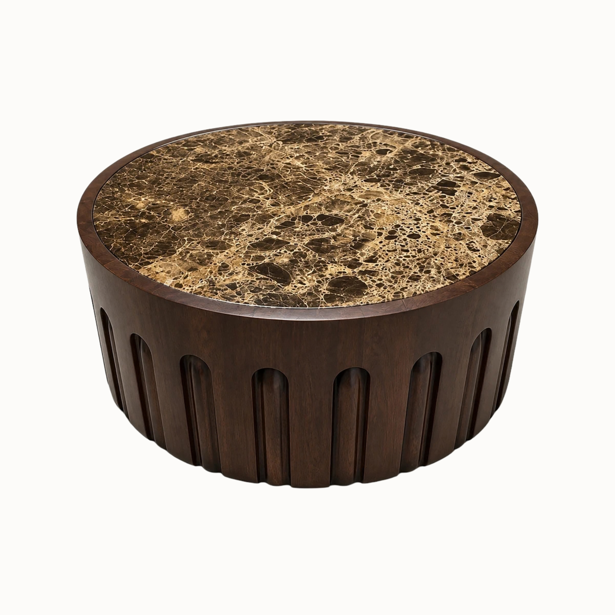 Marceau 70cm Round Dark Emperador Marble and Dark Mango Wood Carved Coffee Table
