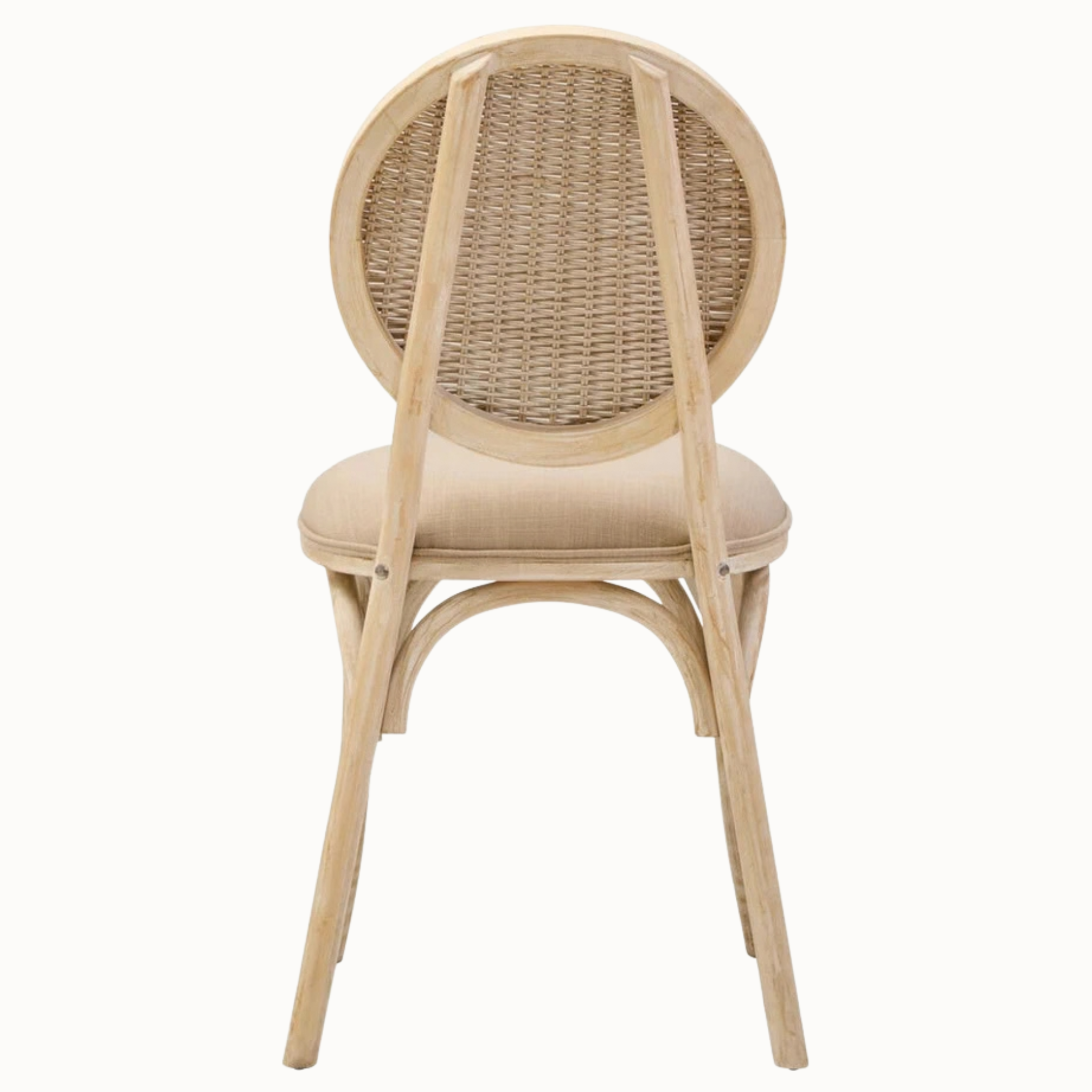Camille White Washed Elm Wood Dining Chair with Woven Cane Back & Beige Upholstered Seat