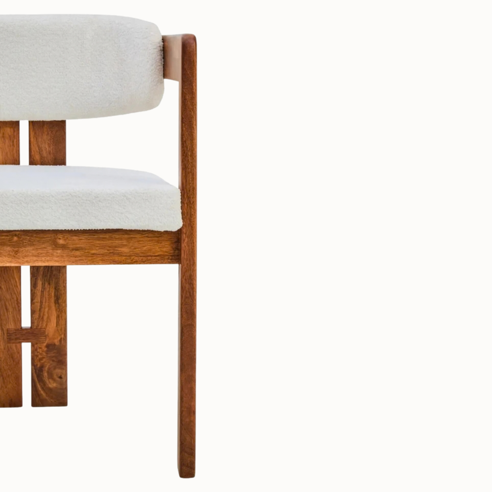 Sabine Cream Bouclé and Natural Mango Wood Curved Back Dining Armchair