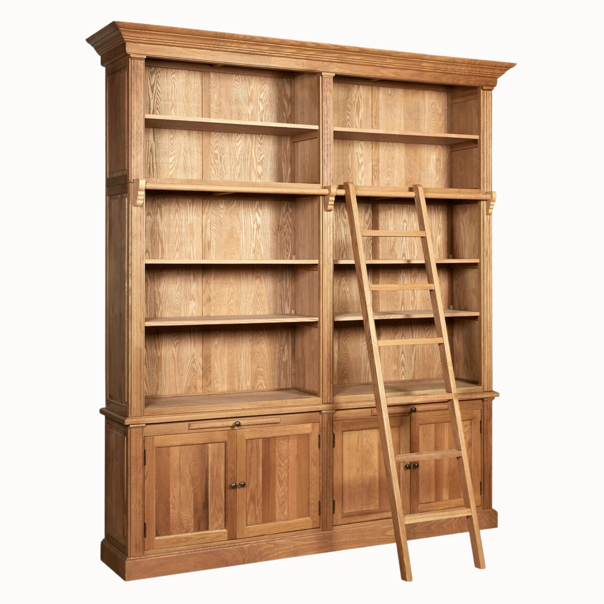 Alaric Large 213cm American Oak Wood Bookcase with Ladder, 10 Shelves & 4 Door Storage