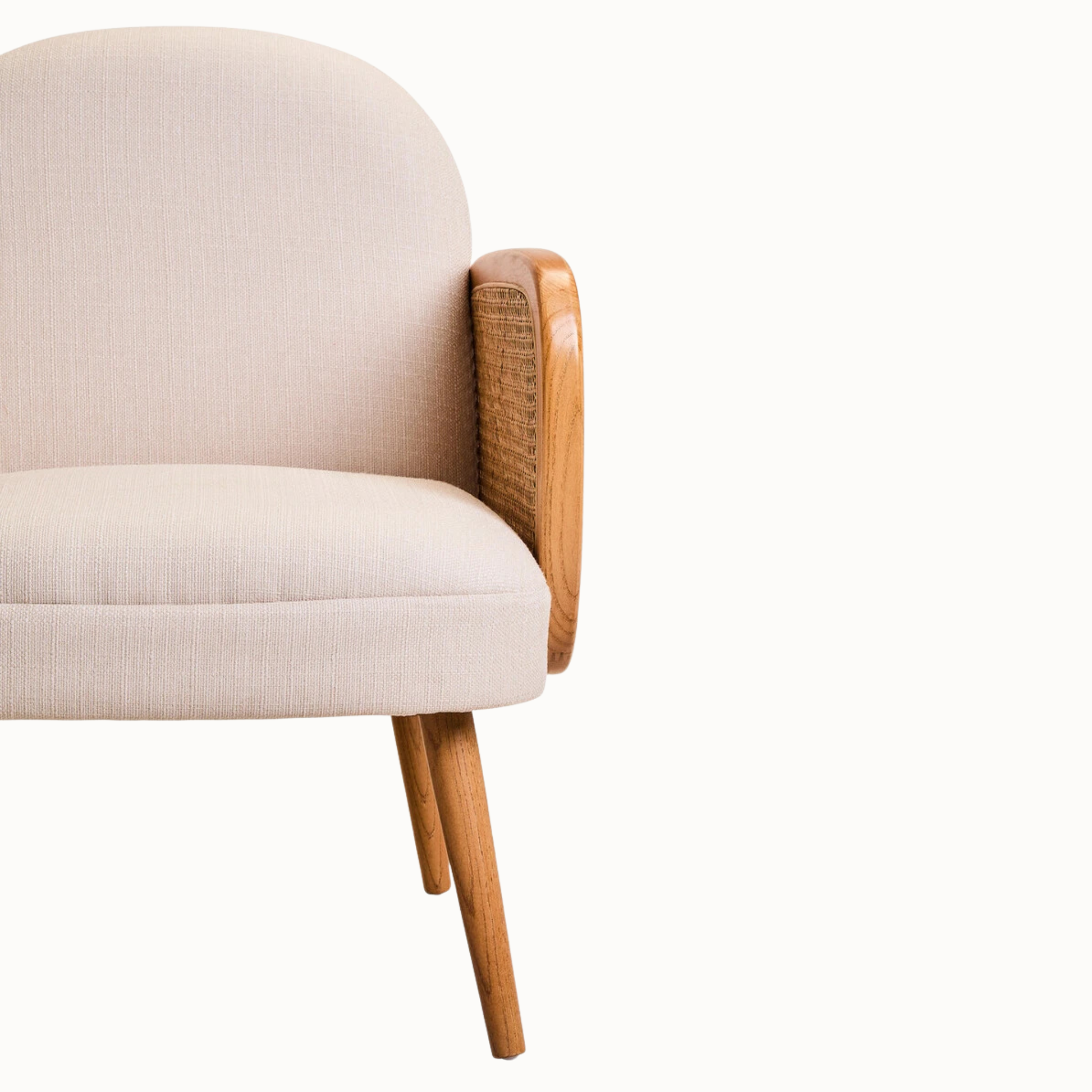 Adèle Ivory Upholstered Accent Armchair with Natural Cane Panels and Elm Wood Frame