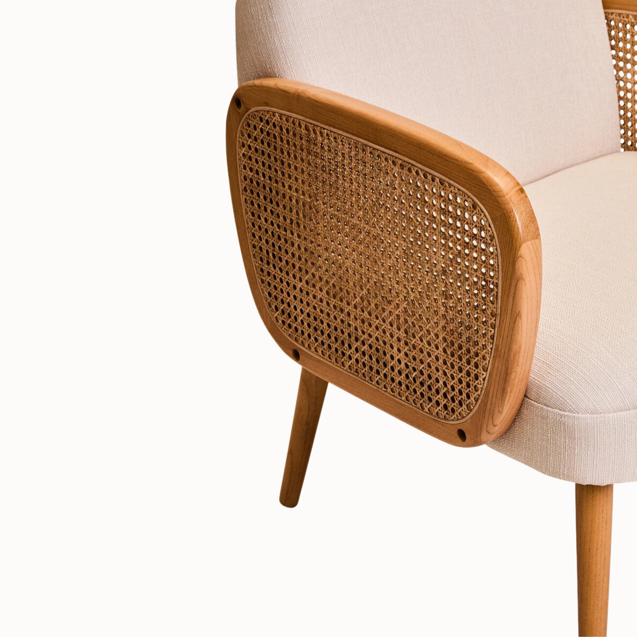 Adèle Ivory Upholstered Accent Armchair with Natural Cane Panels and Elm Wood Frame