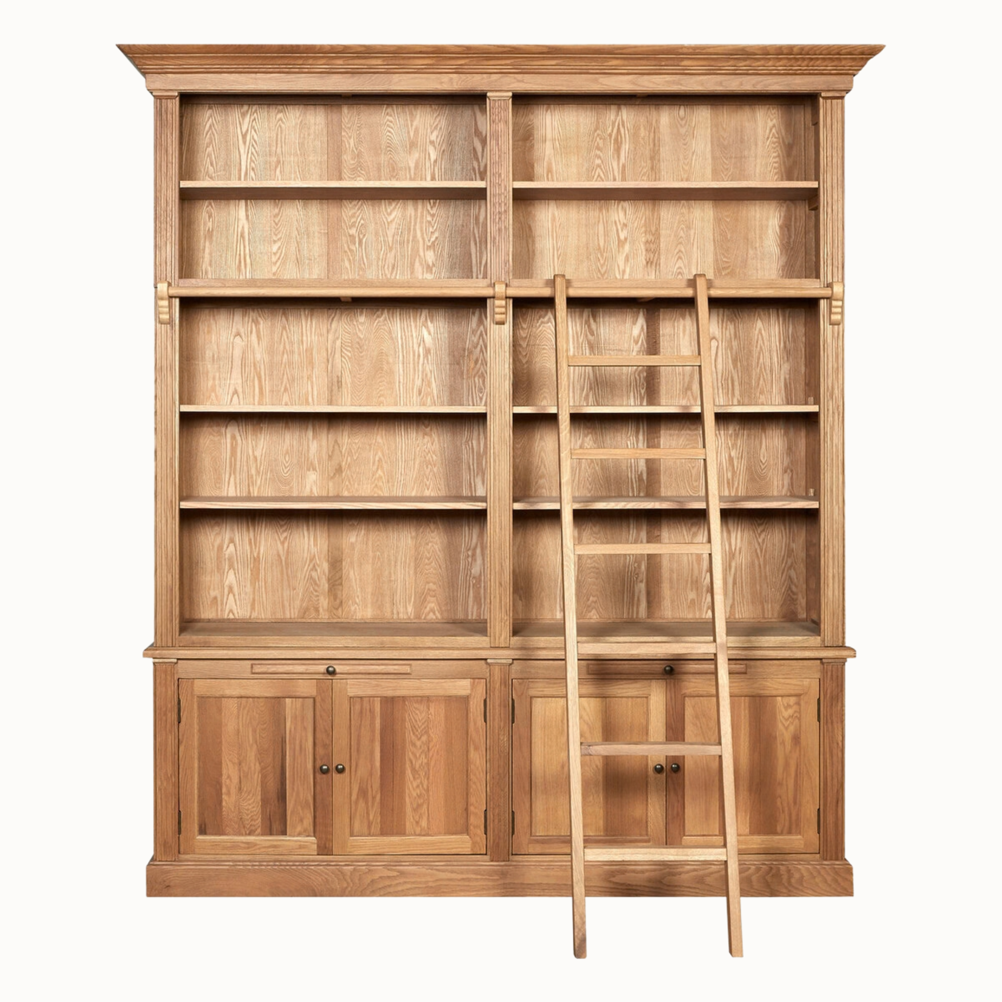 Alaric Large 213cm American Oak Wood Bookcase with Ladder, 10 Shelves & 4 Door Storage