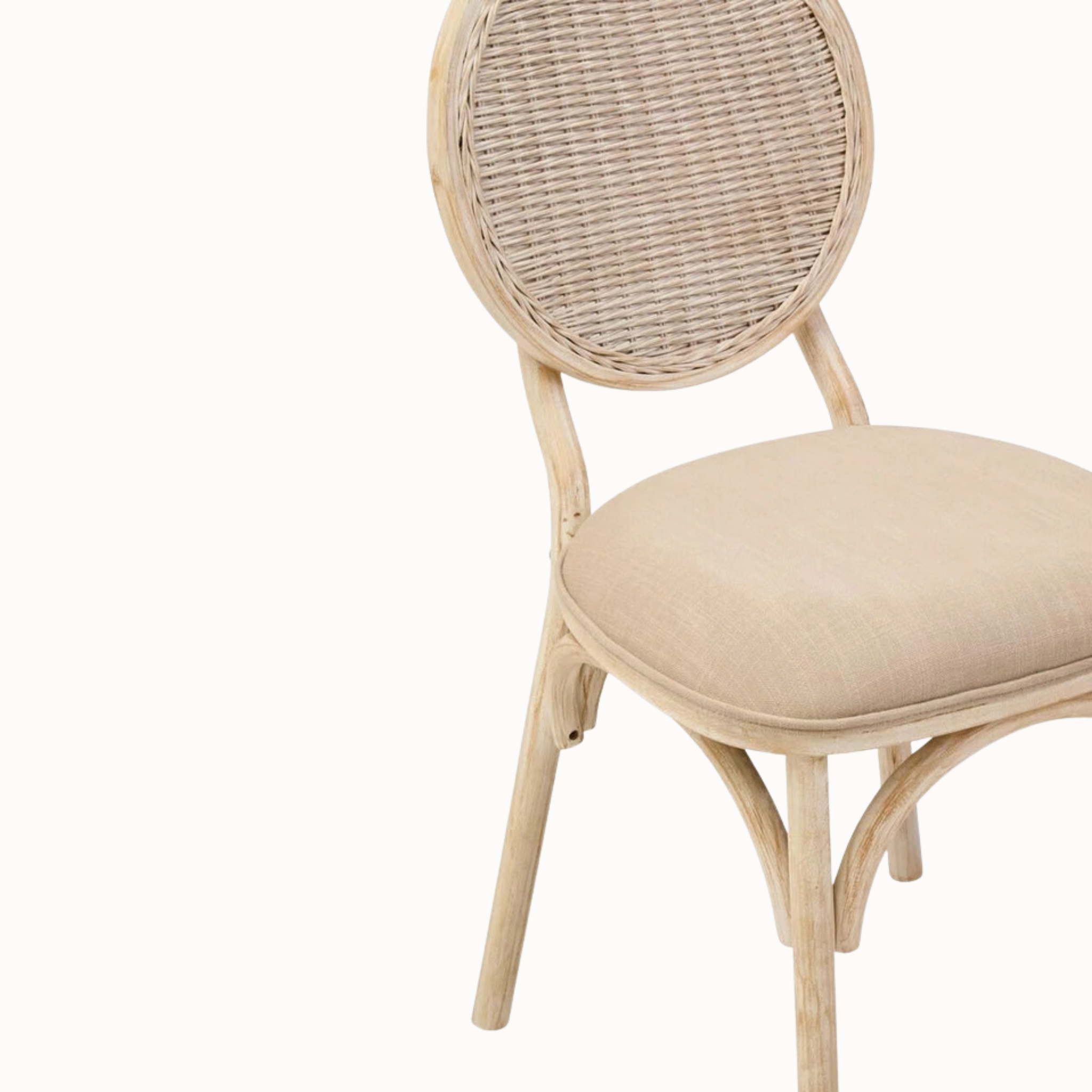 Camille White Washed Elm Wood Dining Chair with Woven Cane Back & Beige Upholstered Seat