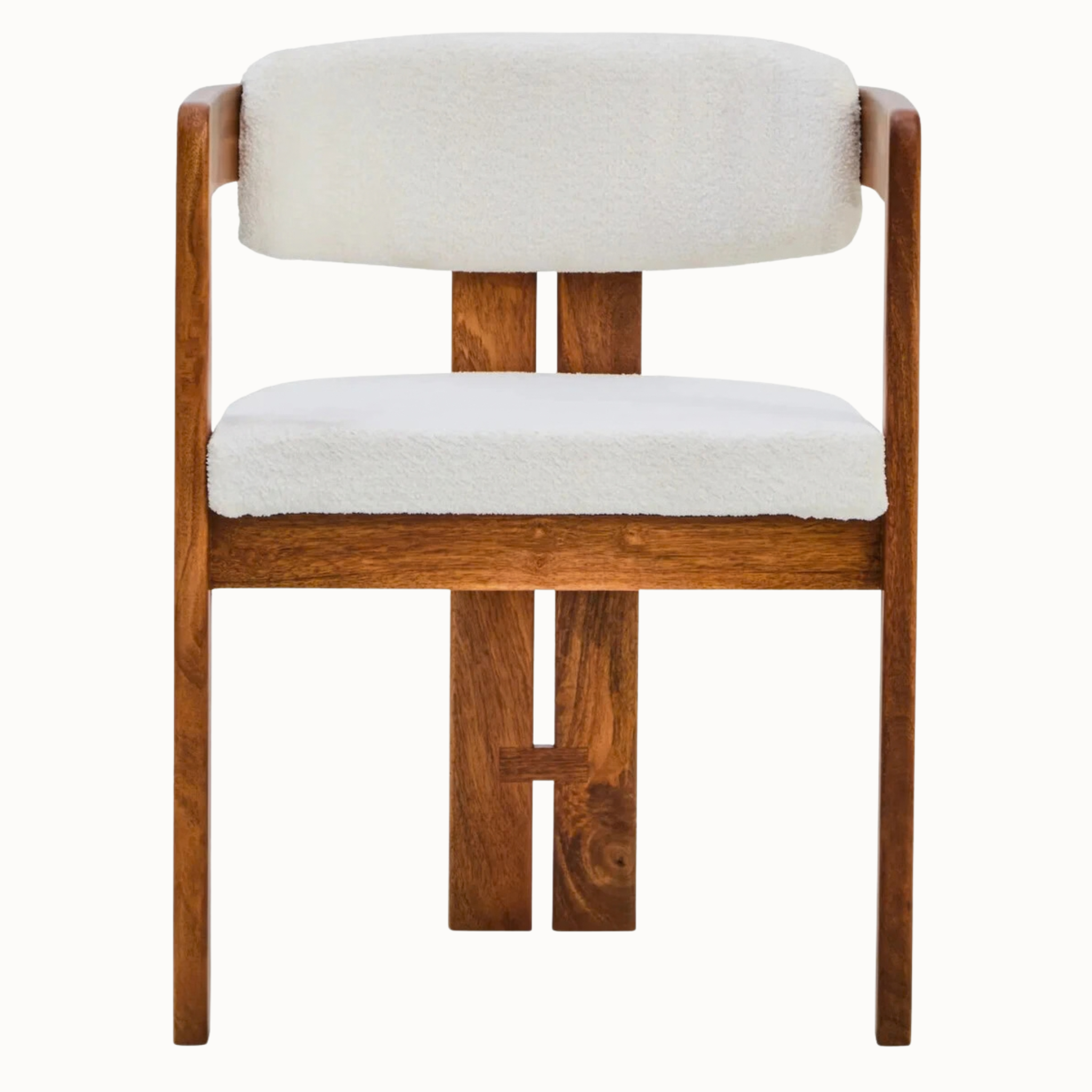 Sabine Cream Bouclé and Natural Mango Wood Curved Back Dining Armchair