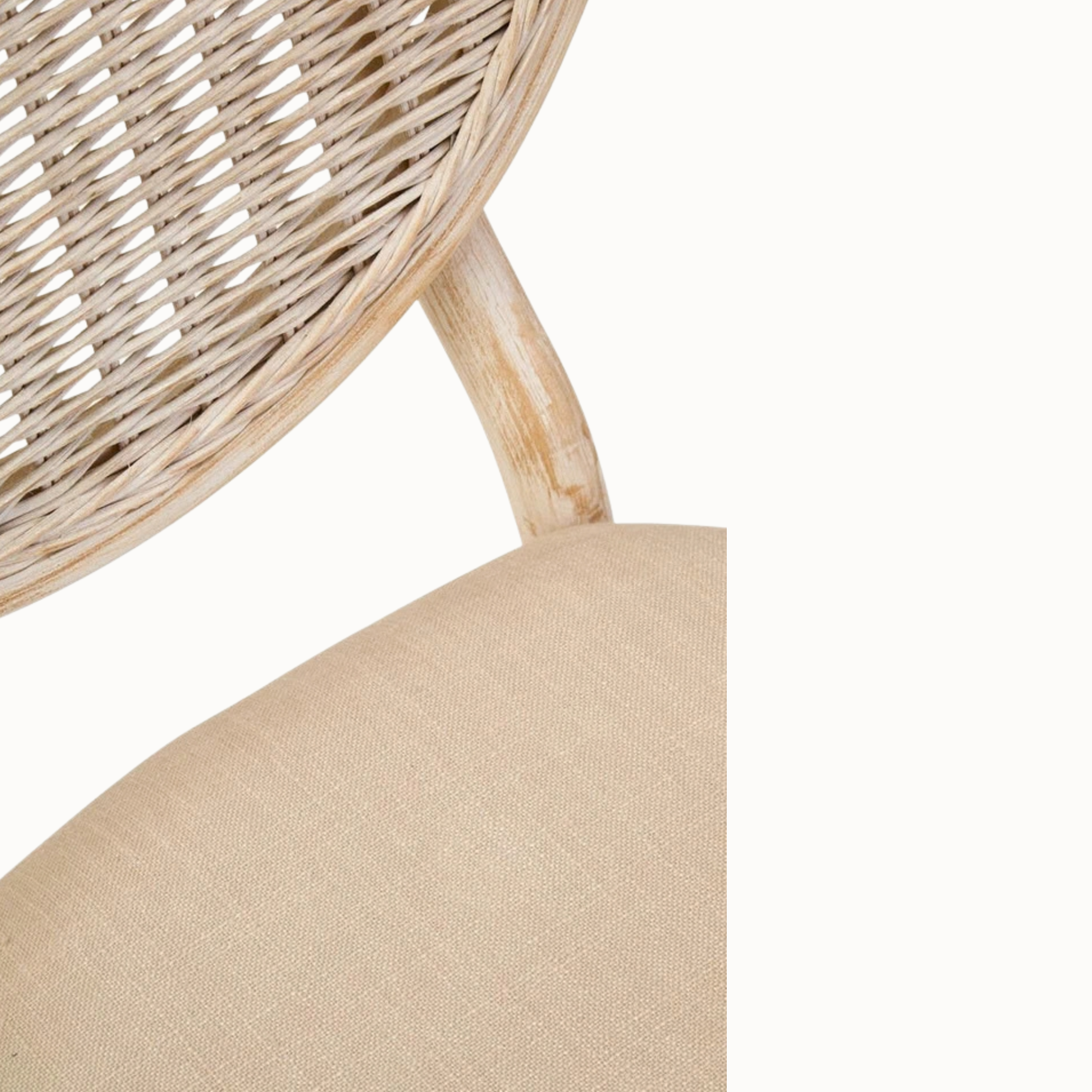Camille White Washed Elm Wood Dining Chair with Woven Cane Back & Beige Upholstered Seat