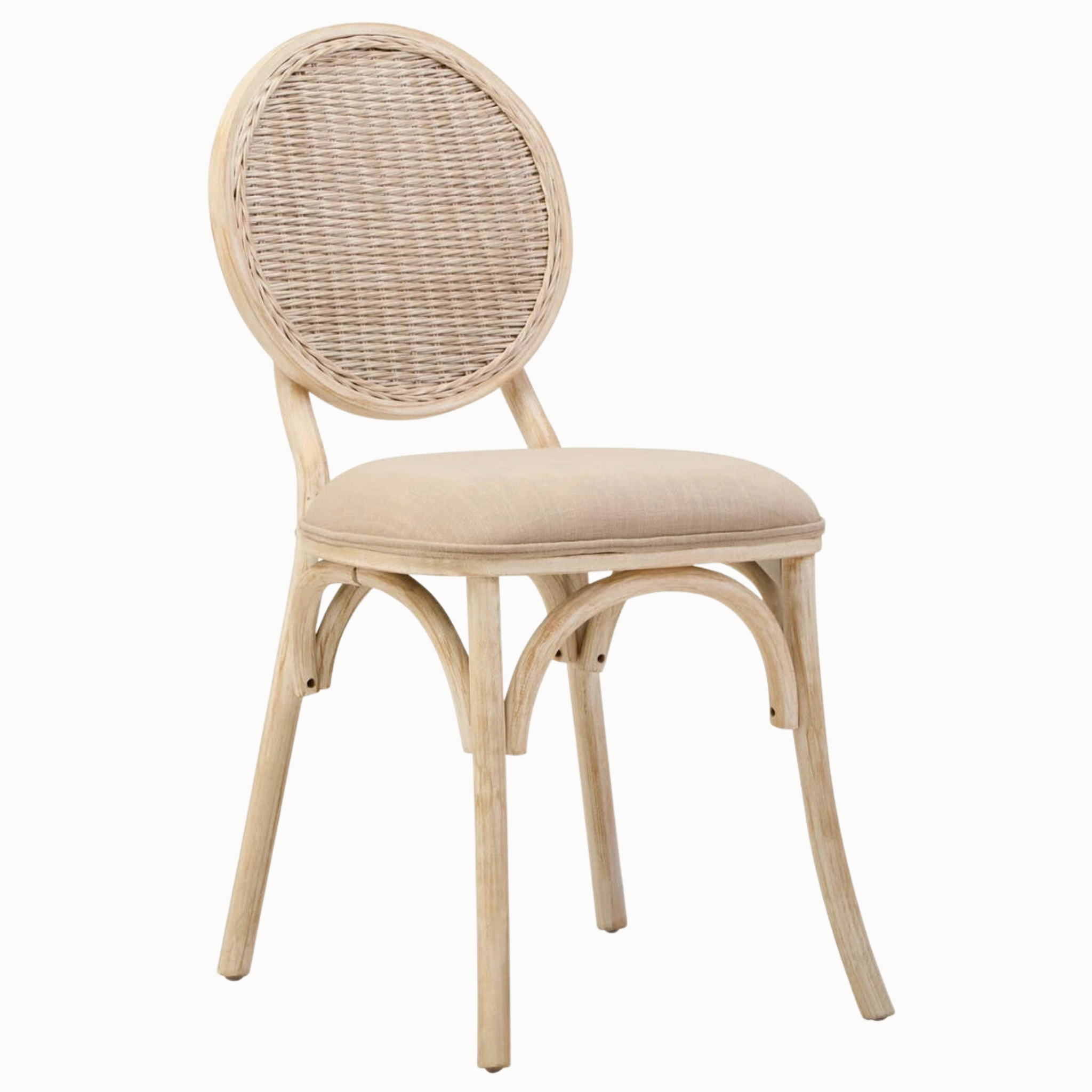Camille White Washed Elm Wood Dining Chair with Woven Cane Back & Beige Upholstered Seat