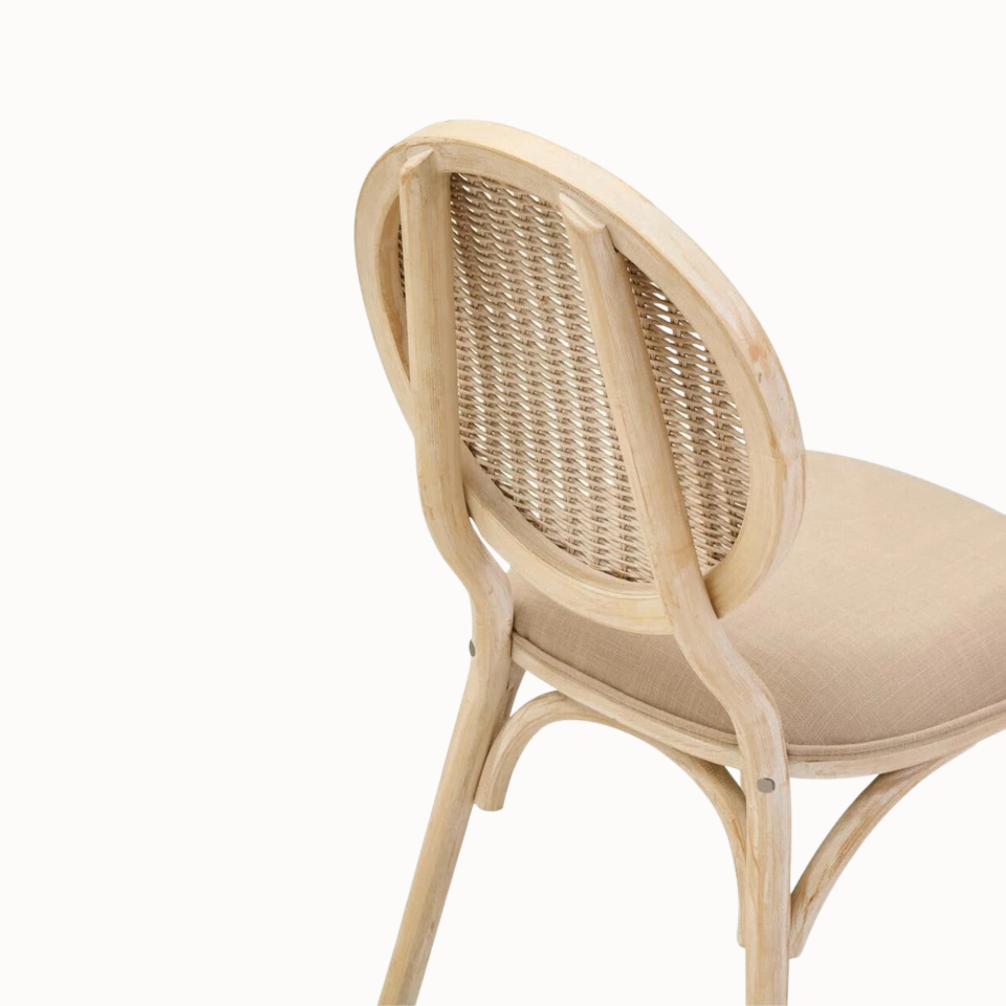Camille White Washed Elm Wood Dining Chair with Woven Cane Back & Beige Upholstered Seat