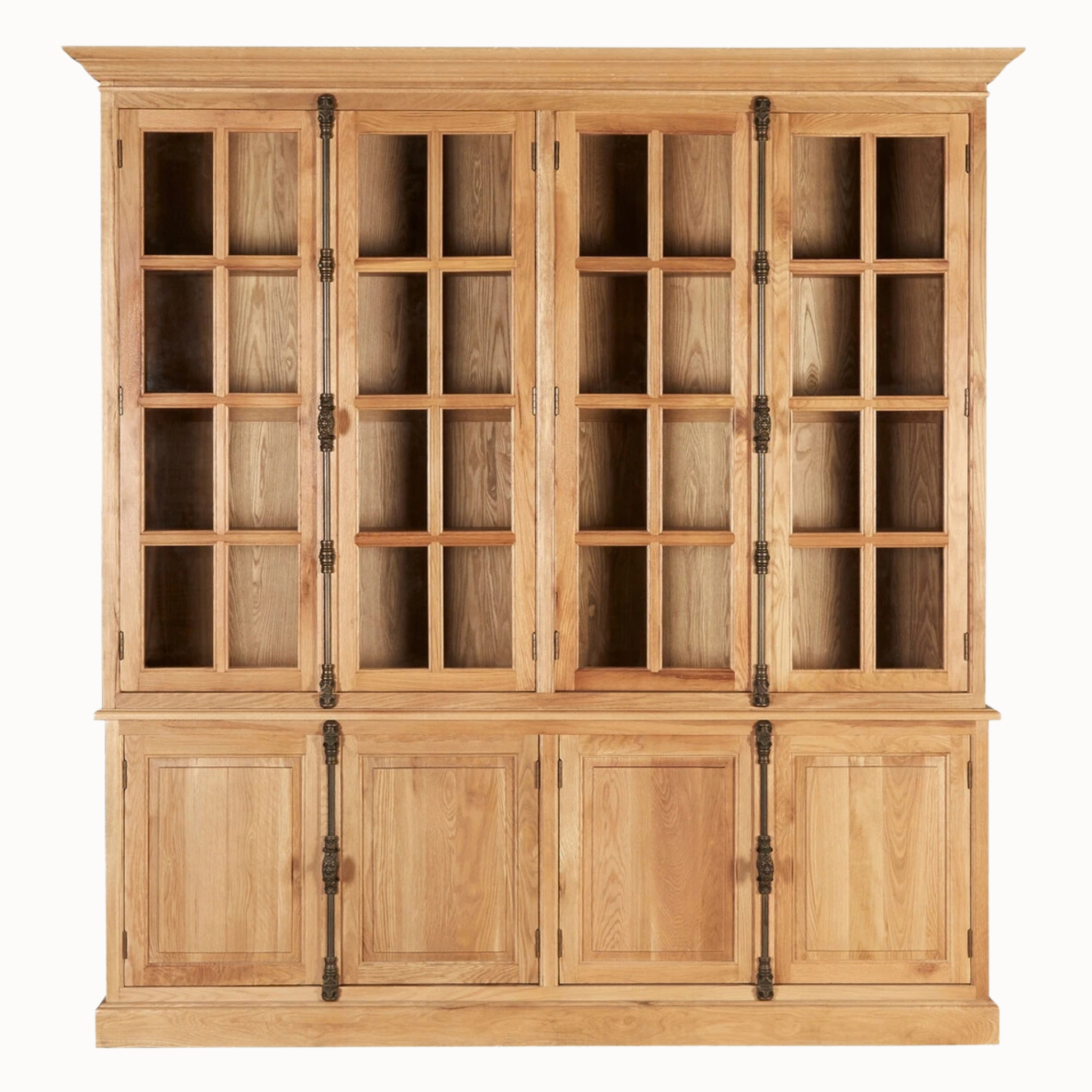 Alaric Large 220cm Natural Oak Wood 8 Door Display and Storage Cabinet with Glass Doors