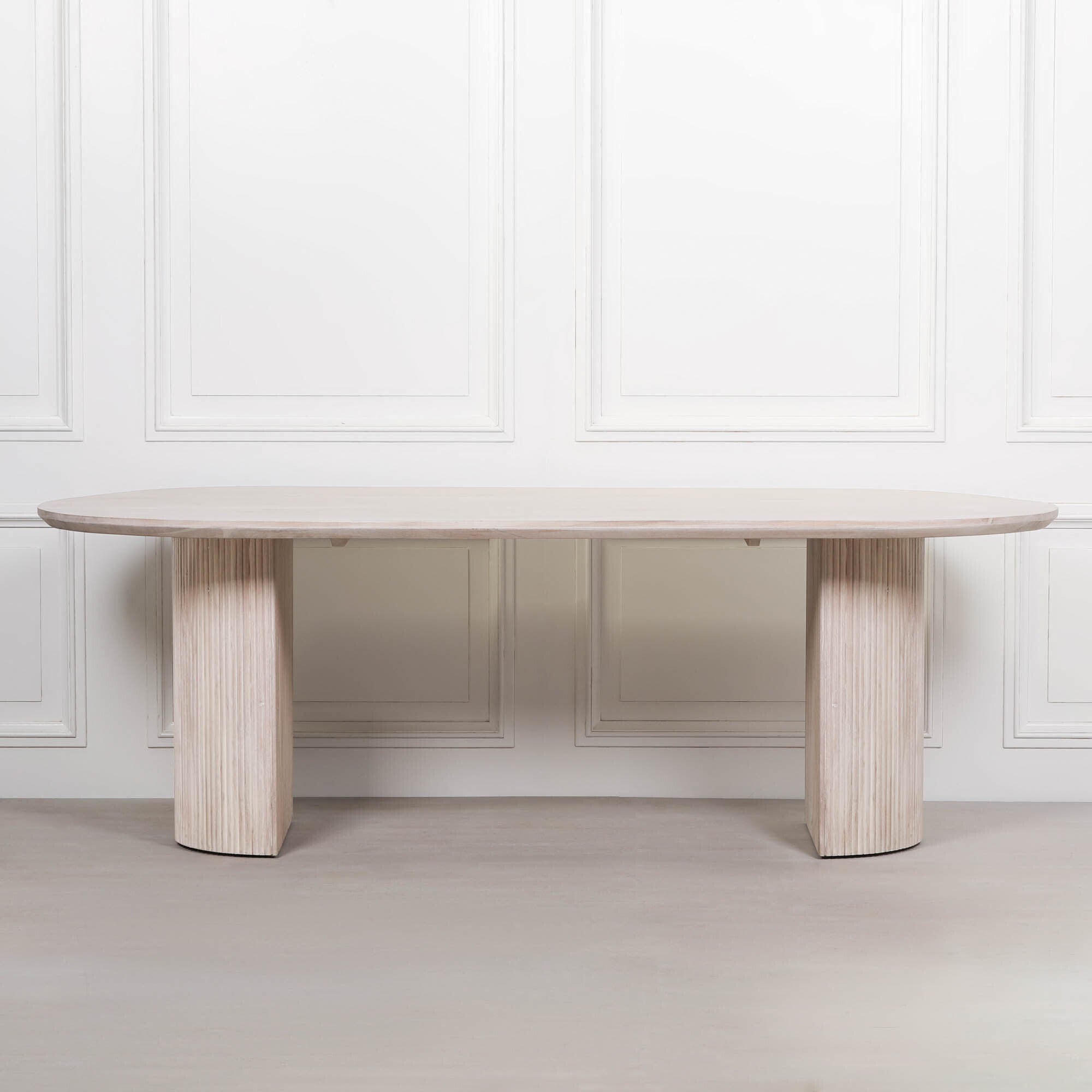 Camille Fluted Acacia Wood Oval 6 Seater Dining Table – Bleached Washed Wood Finish