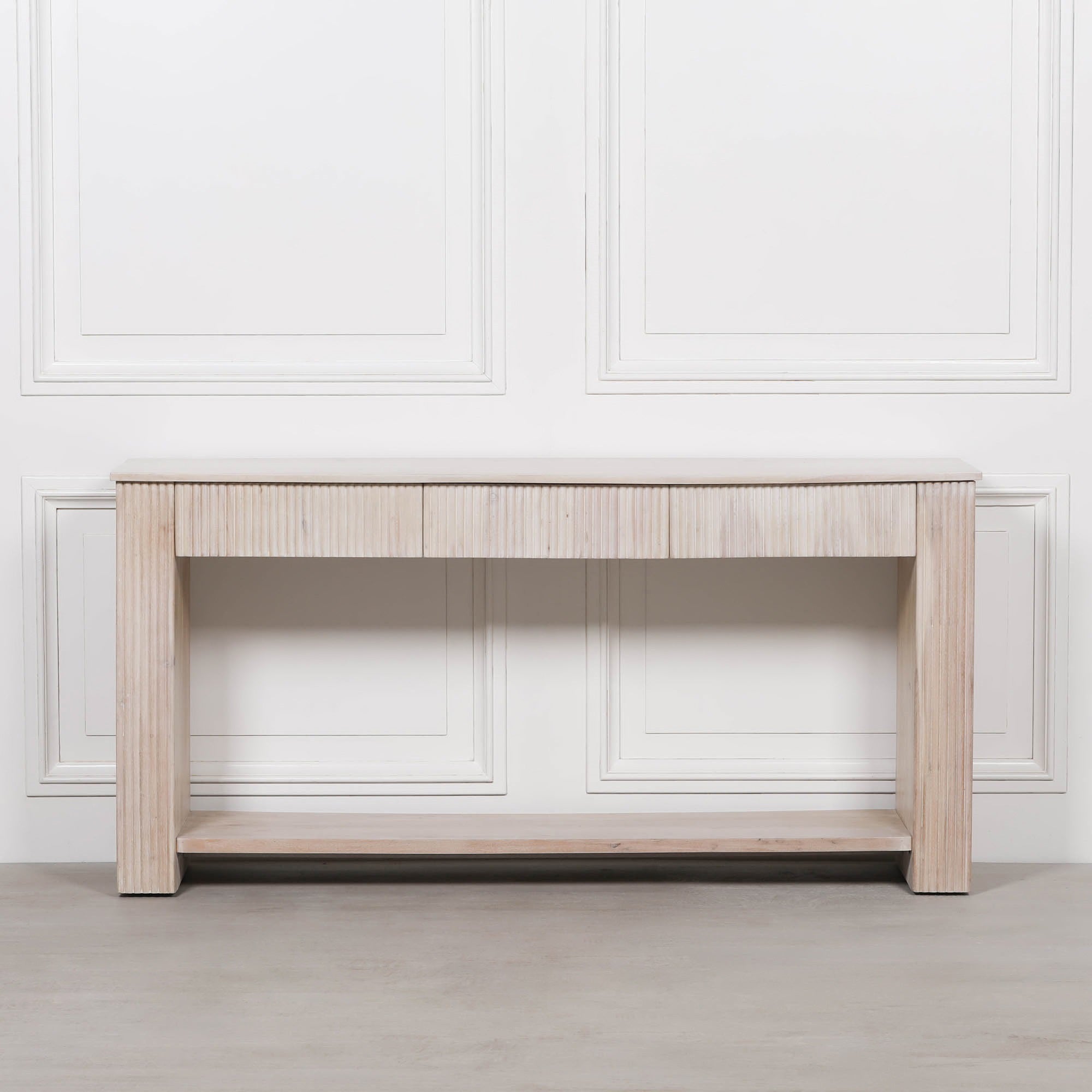 Camille Fluted Acacia Wood Console Table with 3 Drawers & Lower Shelf – Bleached Washed Finish