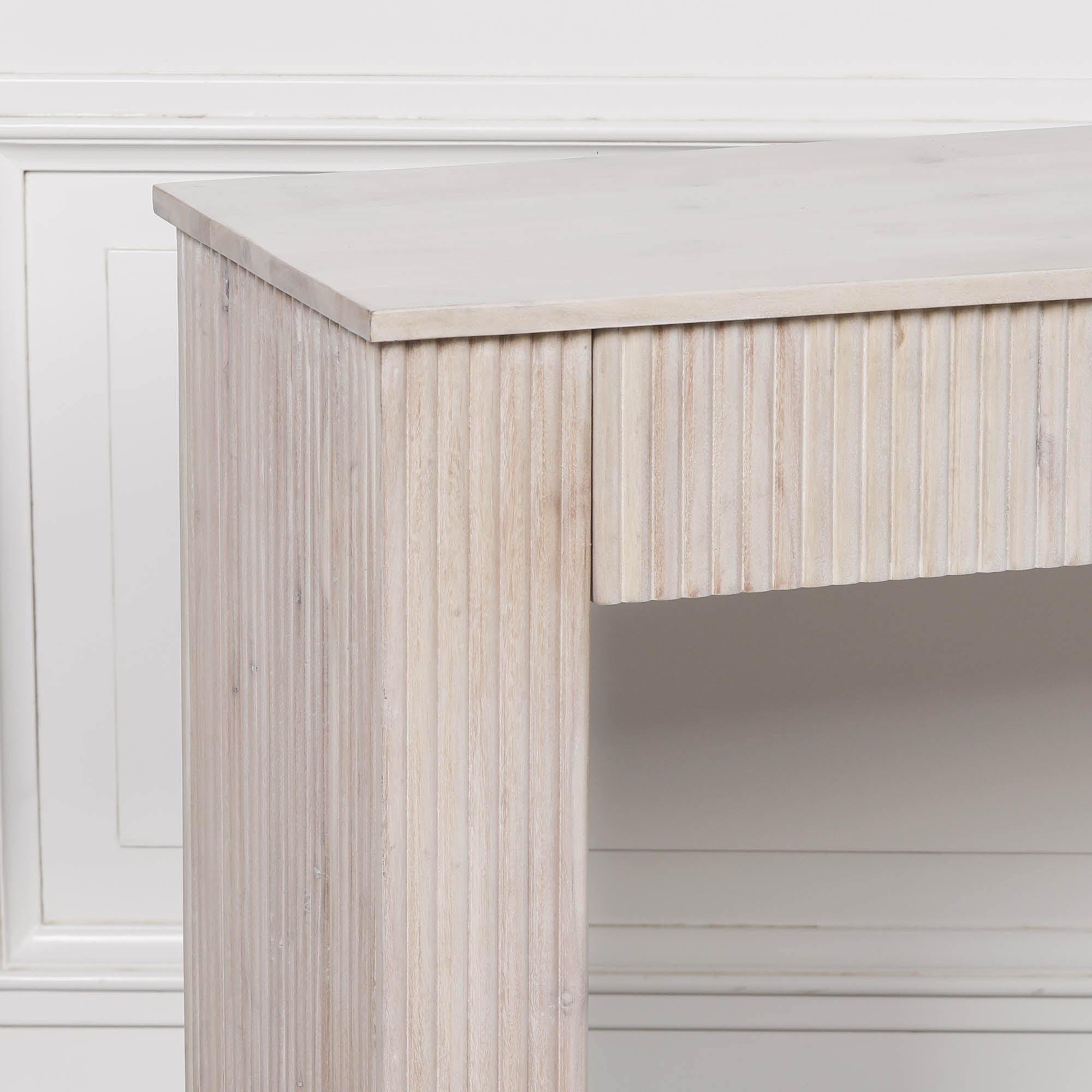 Camille Fluted Acacia Wood Console Table with 3 Drawers & Lower Shelf – Bleached Washed Finish