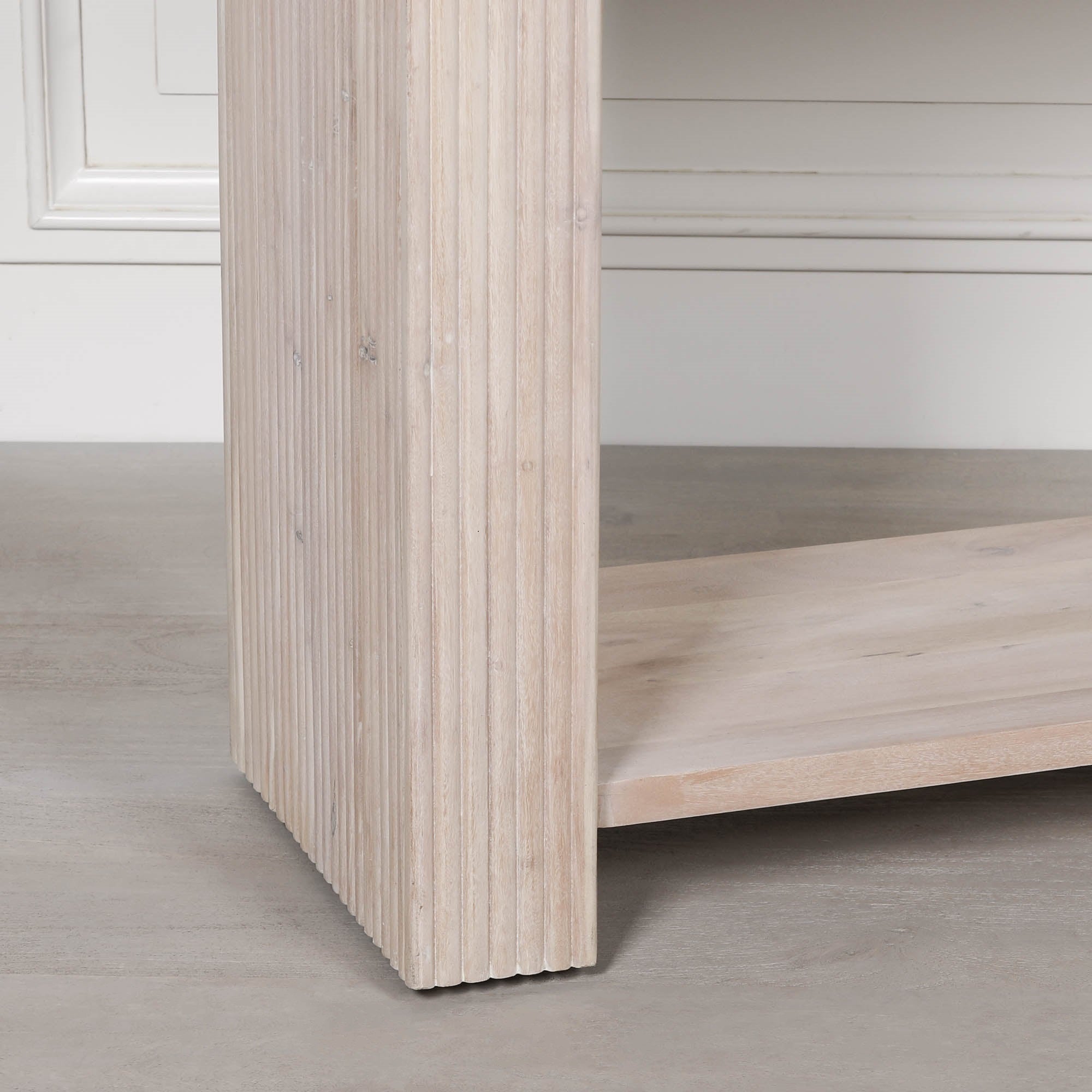 Camille Fluted Acacia Wood Console Table with 3 Drawers & Lower Shelf – Bleached Washed Finish