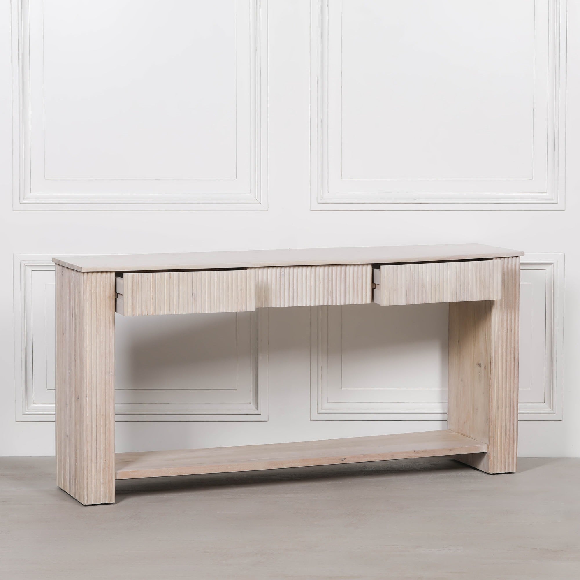 Camille Fluted Acacia Wood Console Table with 3 Drawers & Lower Shelf – Bleached Washed Finish