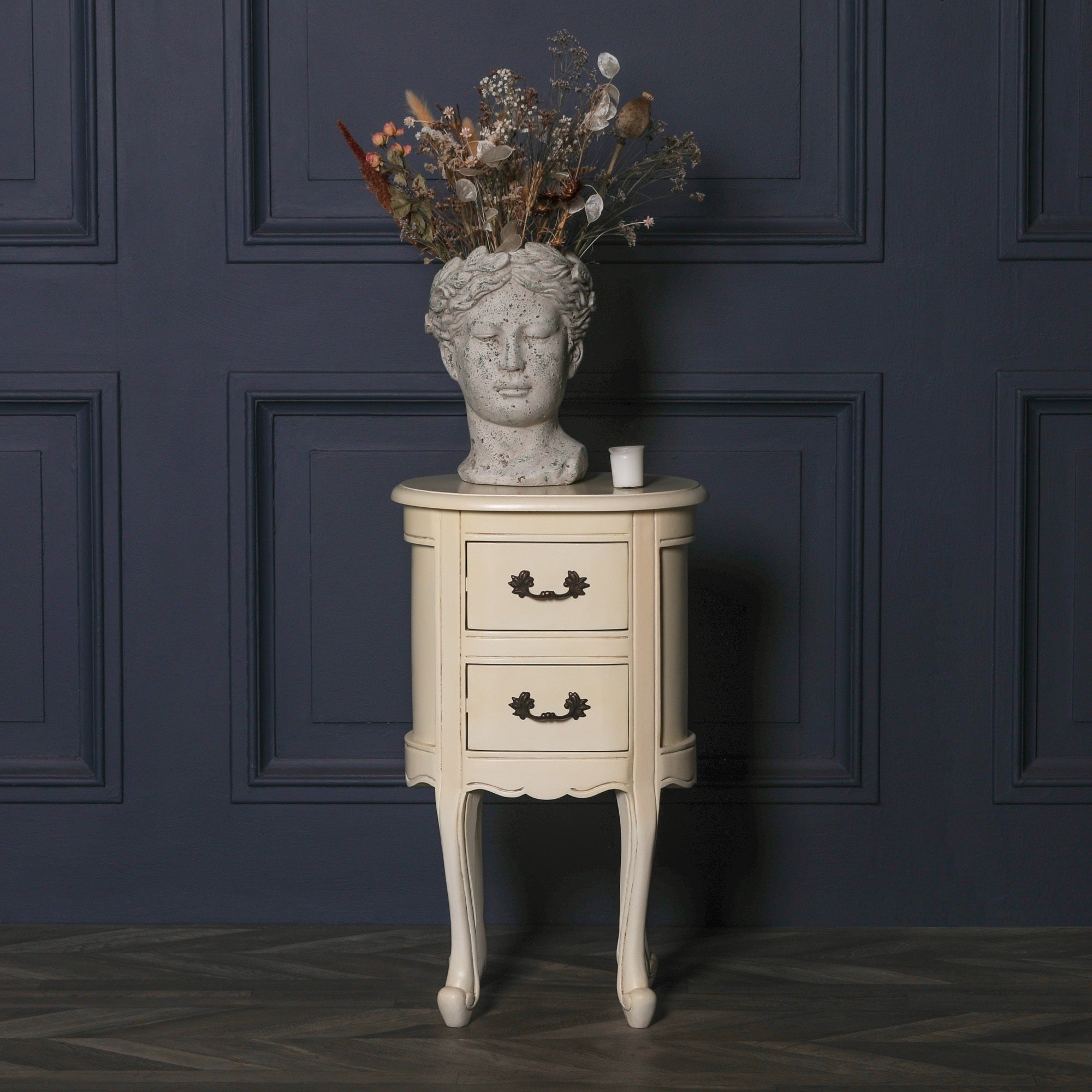 Geneviève Aged Ivory Oval Bedside Table with 2 Drawers & Carved Detailing