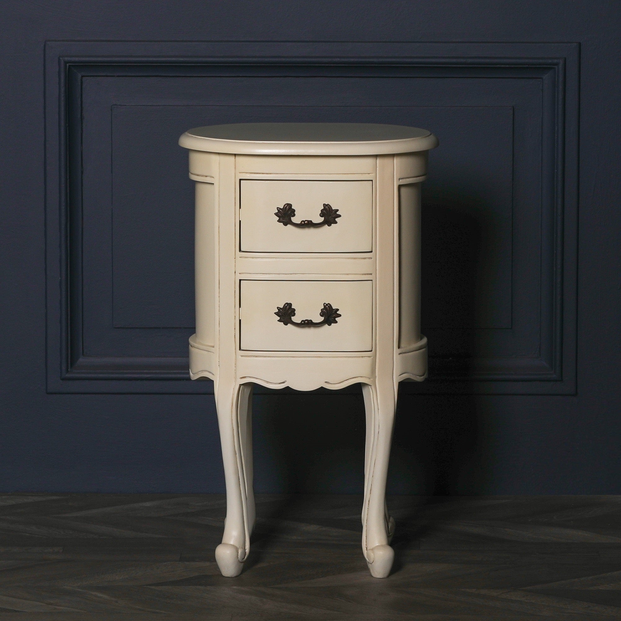 Geneviève Aged Ivory Oval Bedside Table with 2 Drawers & Carved Detailing