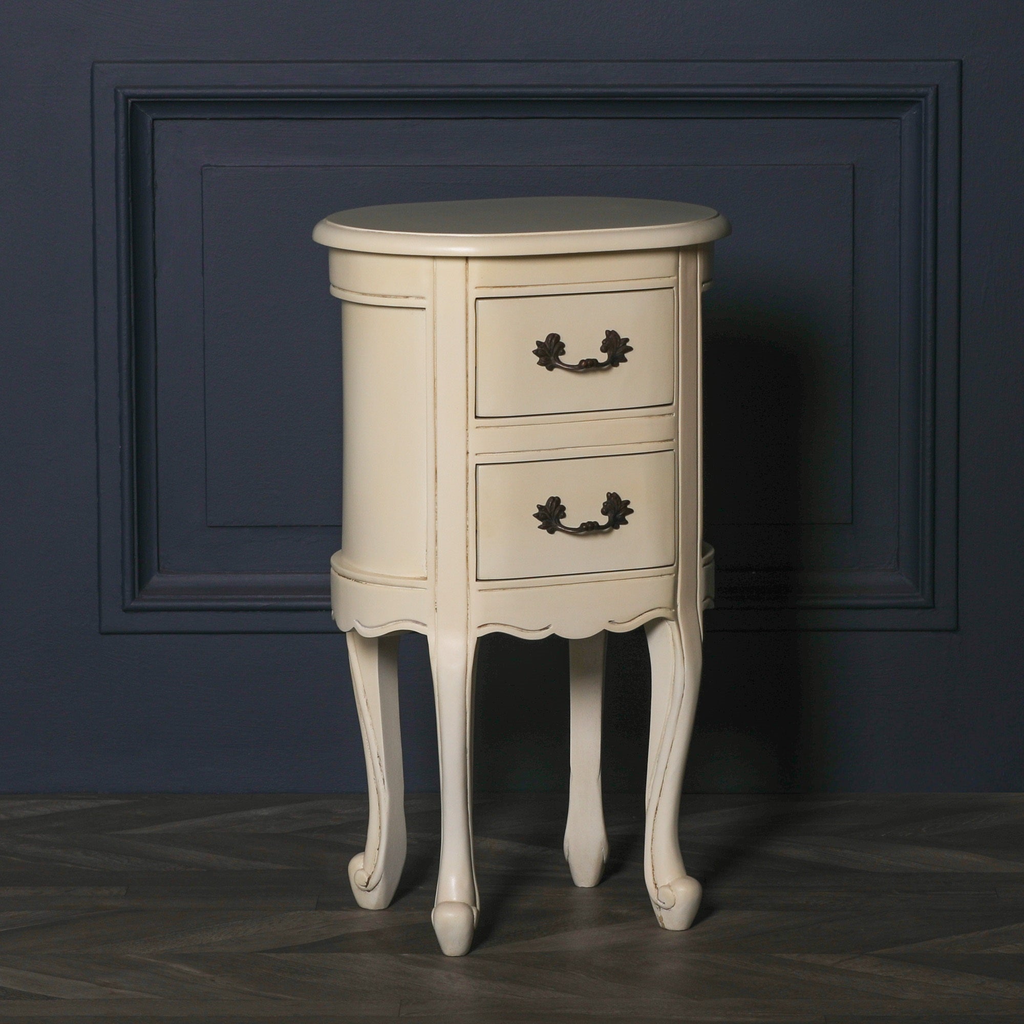 Geneviève Aged Ivory Oval Bedside Table with 2 Drawers & Carved Detailing