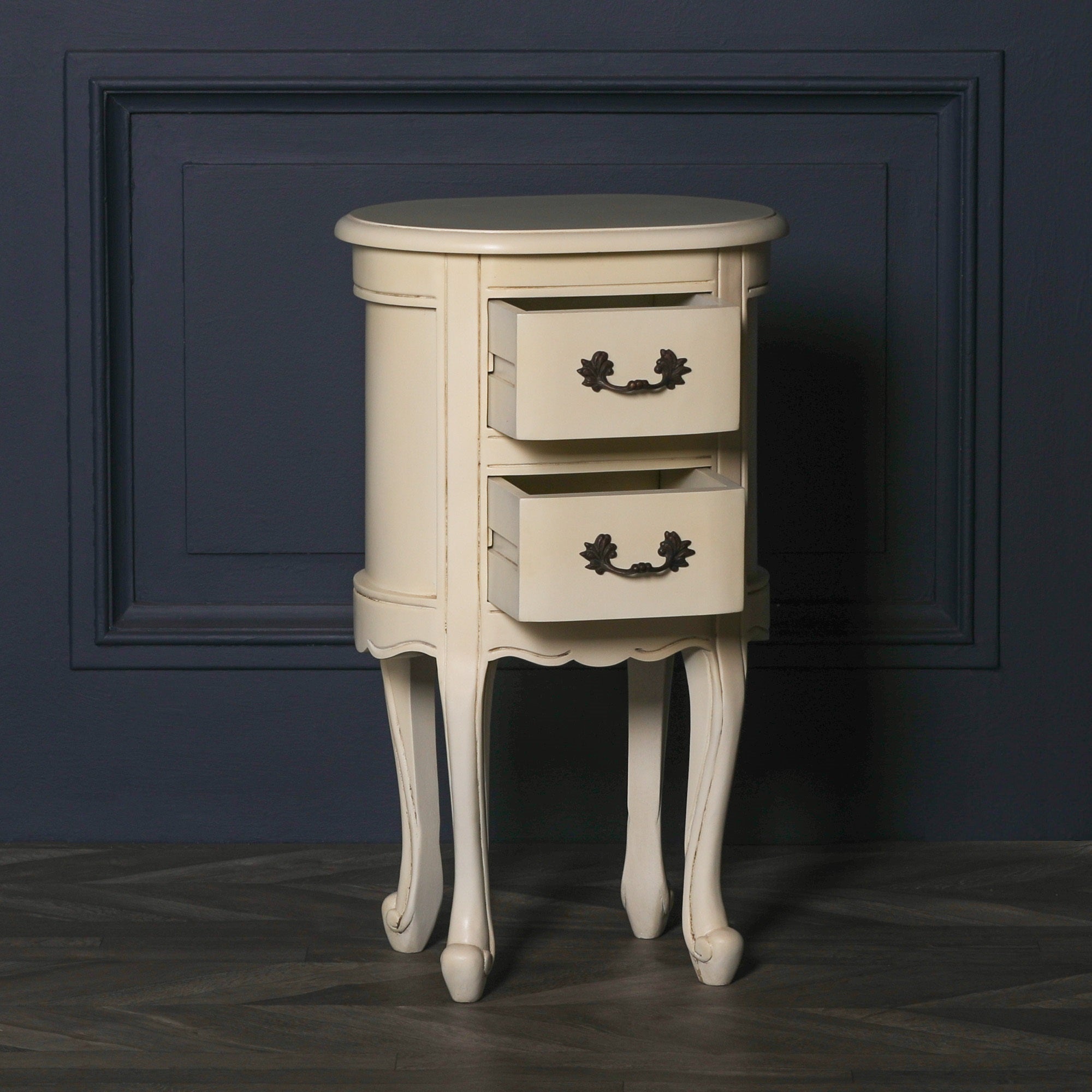 Geneviève Aged Ivory Oval Bedside Table with 2 Drawers & Carved Detailing