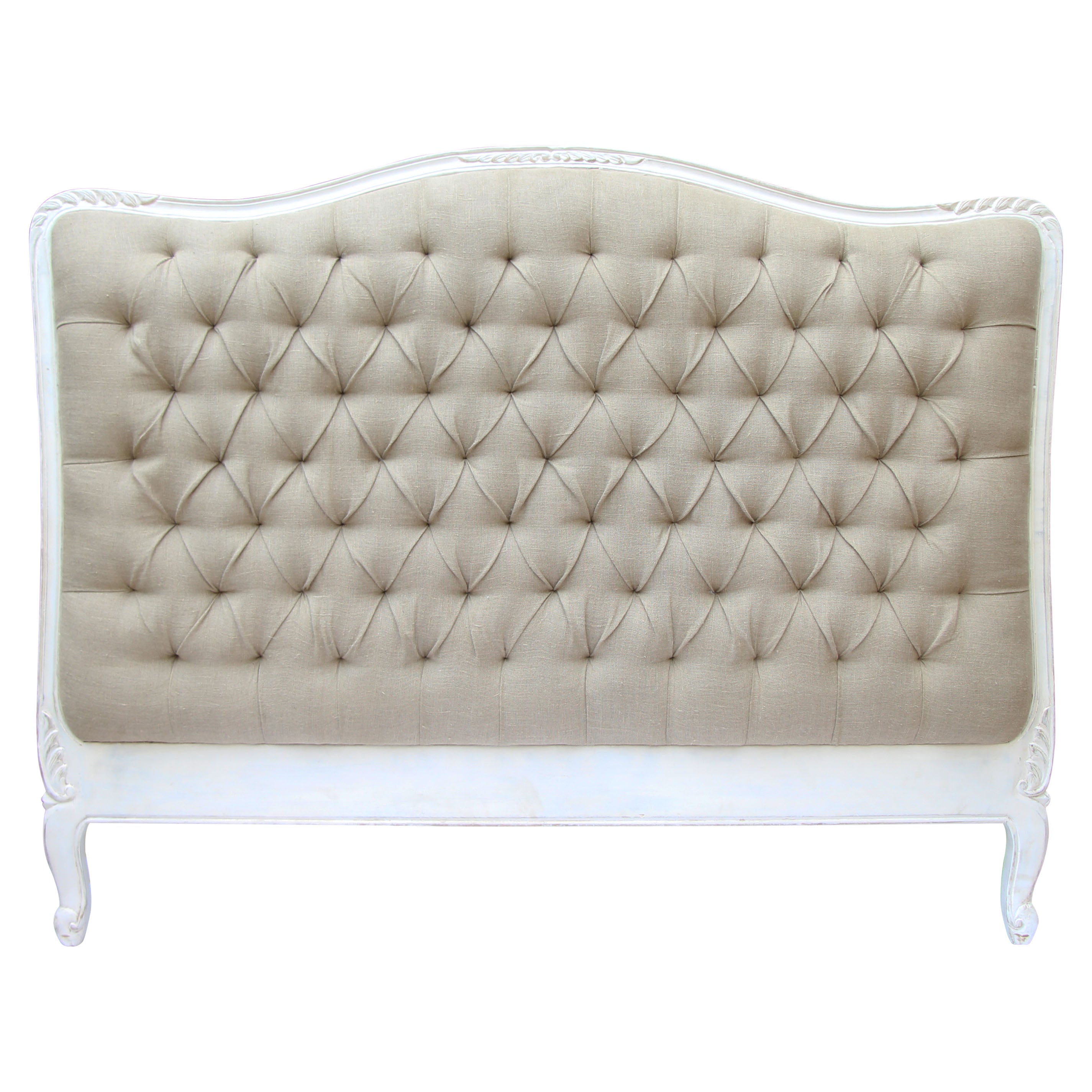 French Style Button Upholstered Headboard King Size - White Distressed Finish