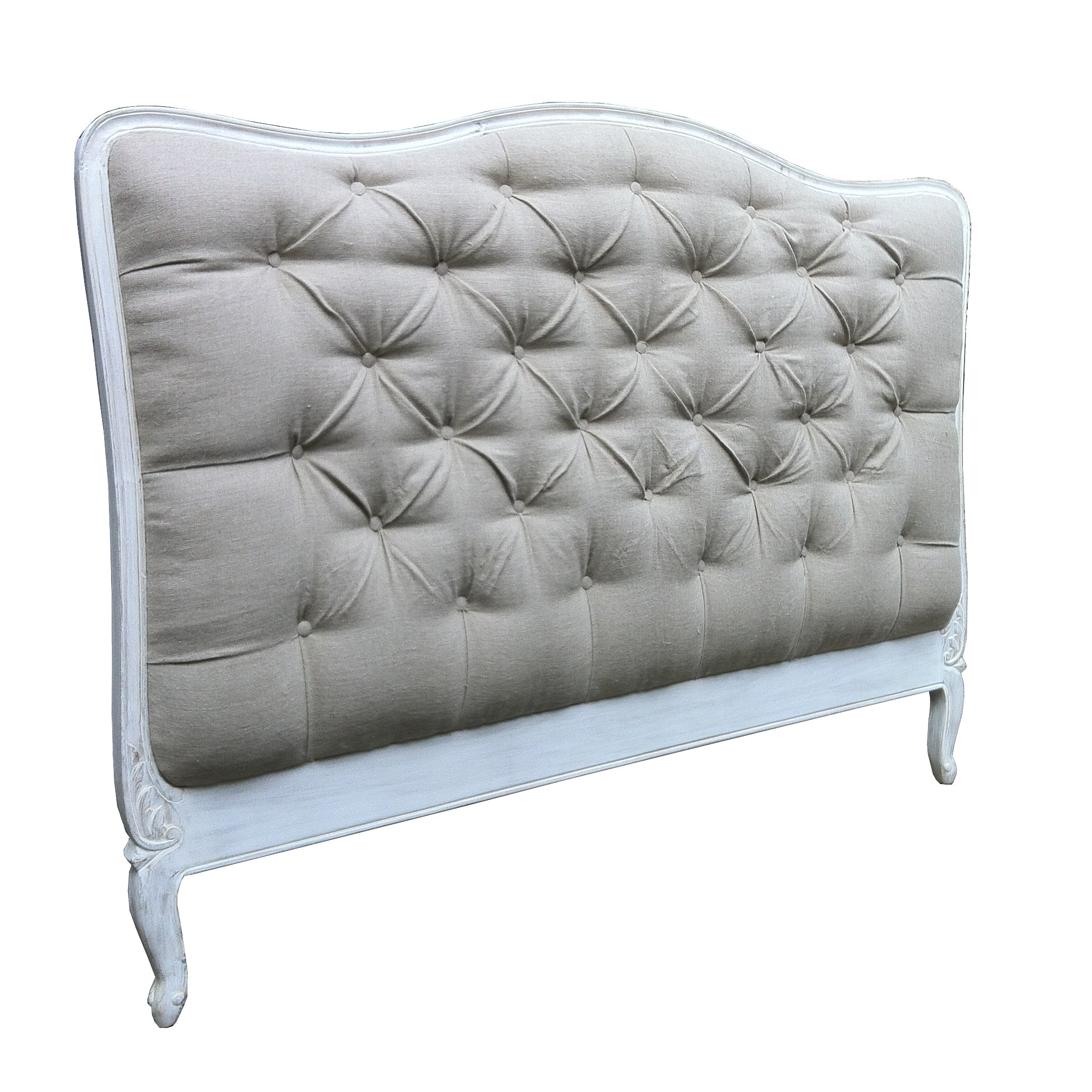 French Style Button Upholstered Headboard King Size - White Distressed Finish