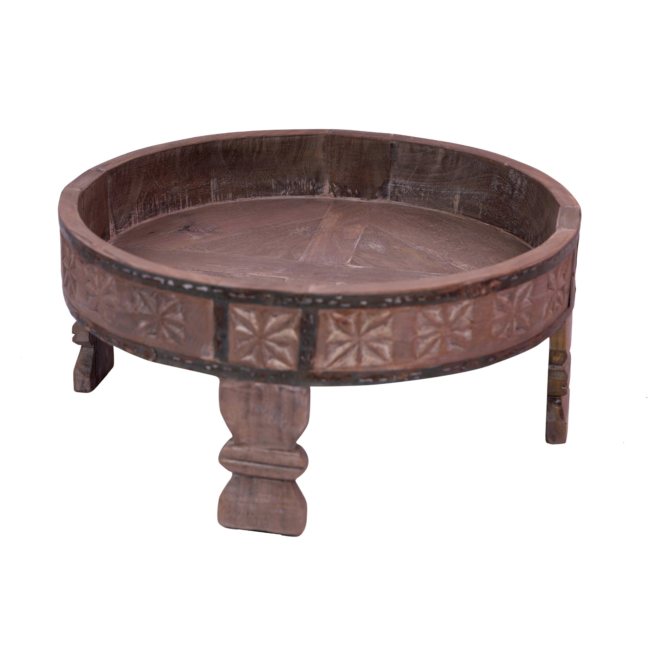 Carved Round Small Coffee Table - Ash Finish