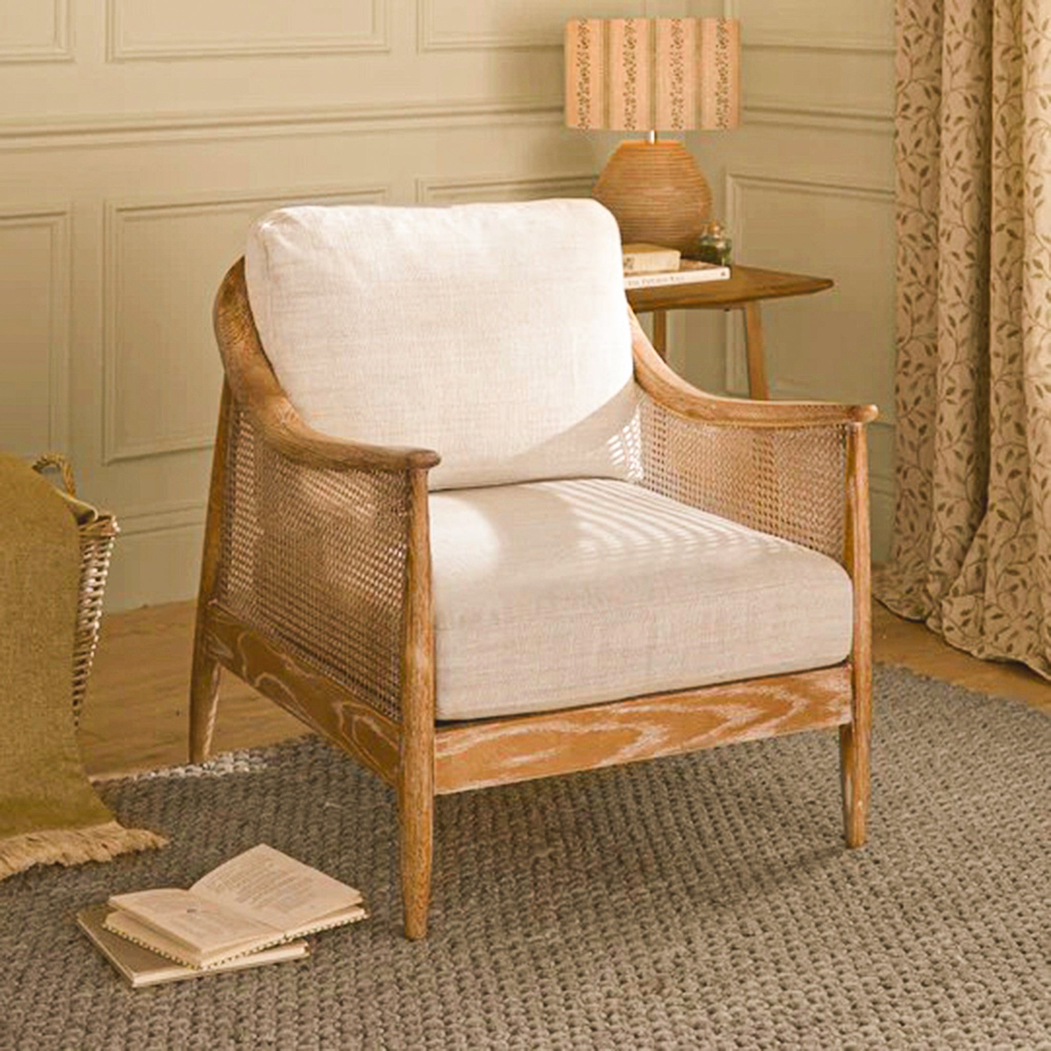 Elara Rattan Accent Chair – Linen Upholstered Seat