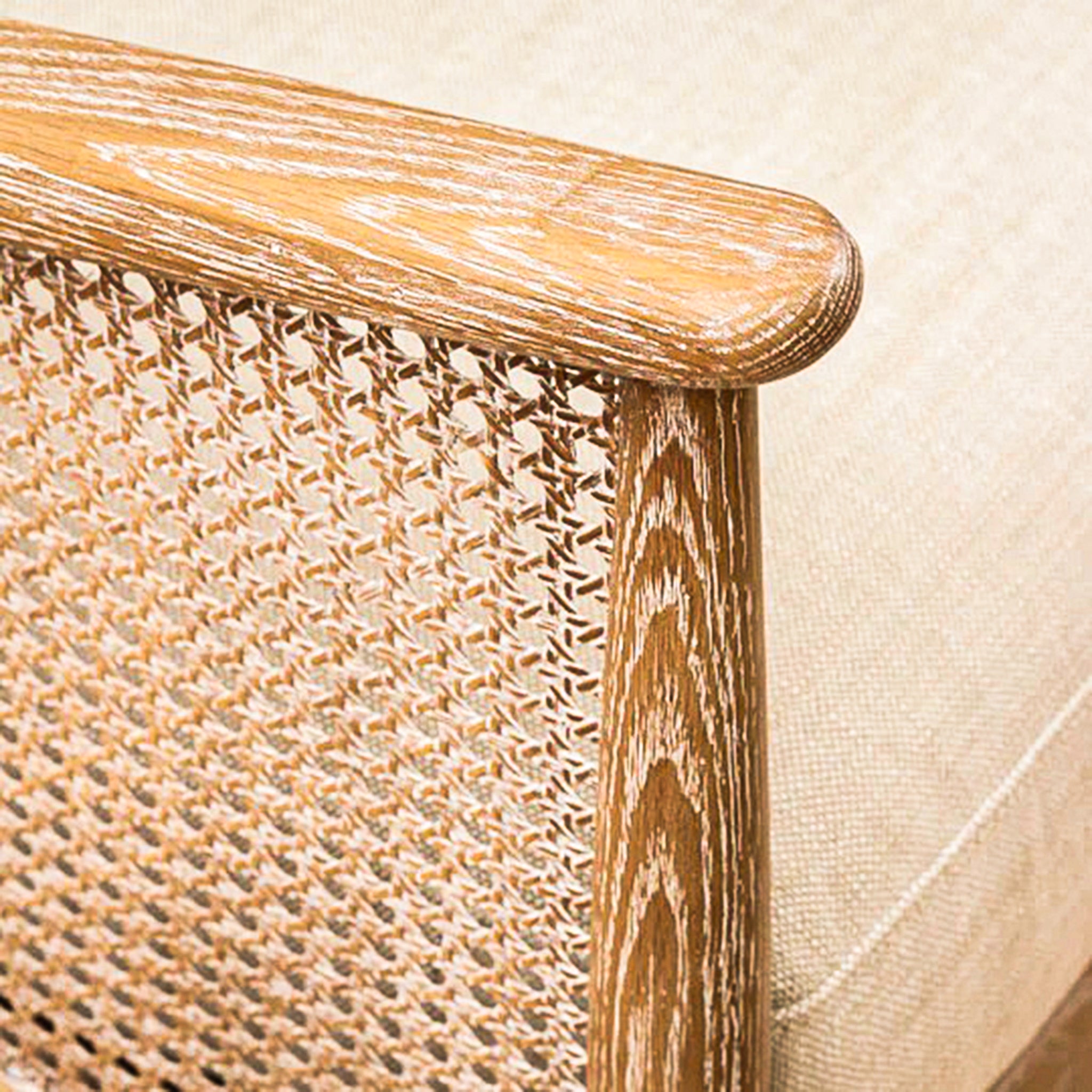 Elara Rattan Accent Chair – Linen Upholstered Seat