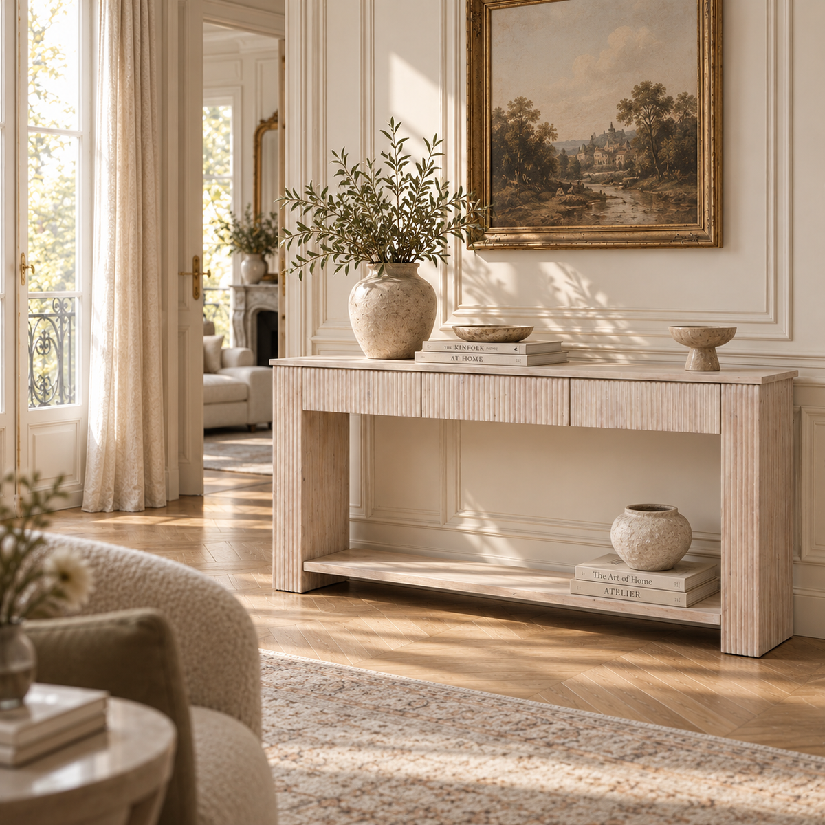 Camille Fluted Acacia Wood Console Table with 3 Drawers & Lower Shelf – Bleached Washed Finish