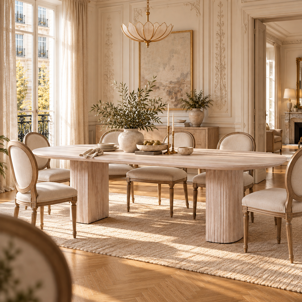 Camille Fluted Acacia Wood Oval 6 Seater Dining Table – Bleached Washed Wood Finish
