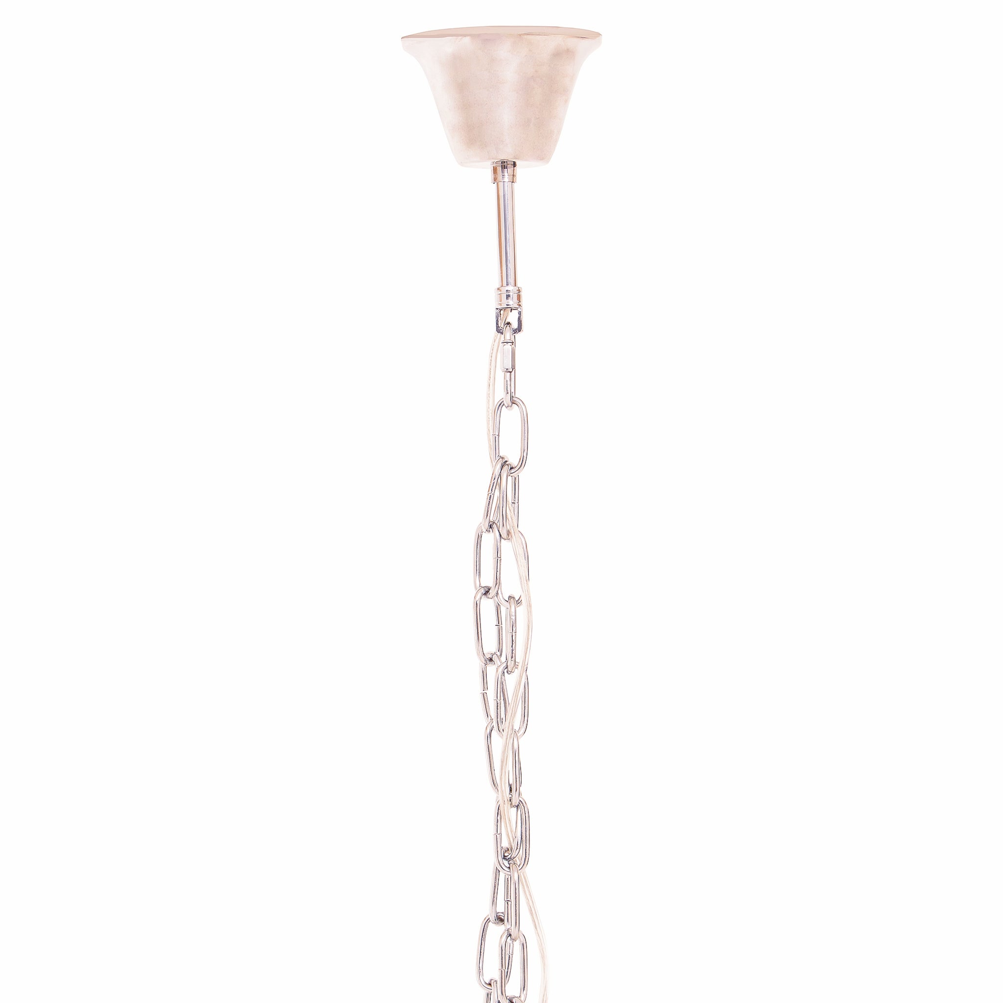 Close-up of the adjustable suspension chain and polished chrome ceiling fitting on the Adrien Chrome Crystal 8 Light Chandelier, showcasing the premium hanging hardware and high-quality ceiling installation components.