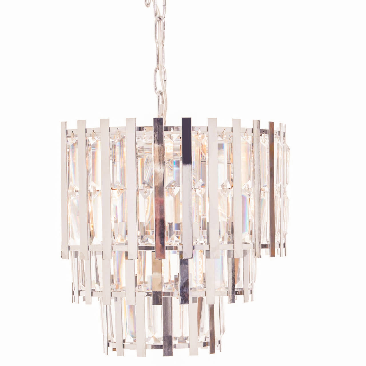 Close-up of the Adrien Chrome Crystal 8 Light Chandelier highlighting precision-cut crystal glass prisms, polished chrome framework and premium craftsmanship for elegant statement ceiling lighting.