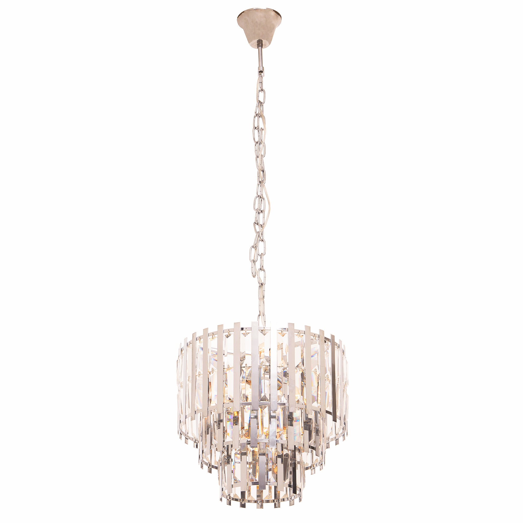 Complete view of the Adrien Chrome Crystal 8 Light Chandelier displaying the tiered crystal design, polished chrome finish and adjustable suspension chain, perfect for luxury dining rooms, stairwells and entrance halls.