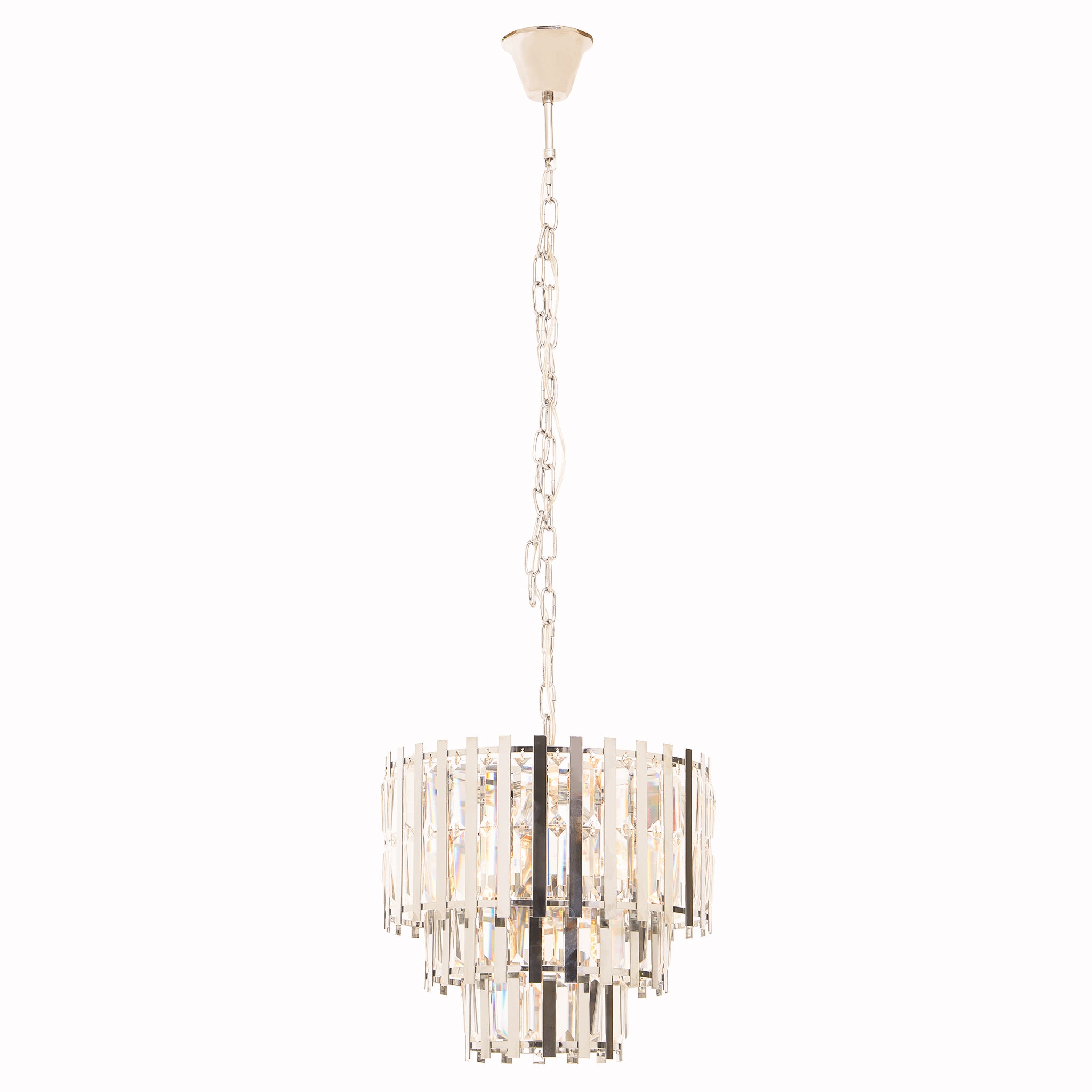 Adrien Chrome Crystal 8 Light Chandelier featuring a polished chrome frame with cascading crystal prisms and eight lights, creating a luxury modern chandelier ideal for dining rooms, entrance halls and statement living spaces.