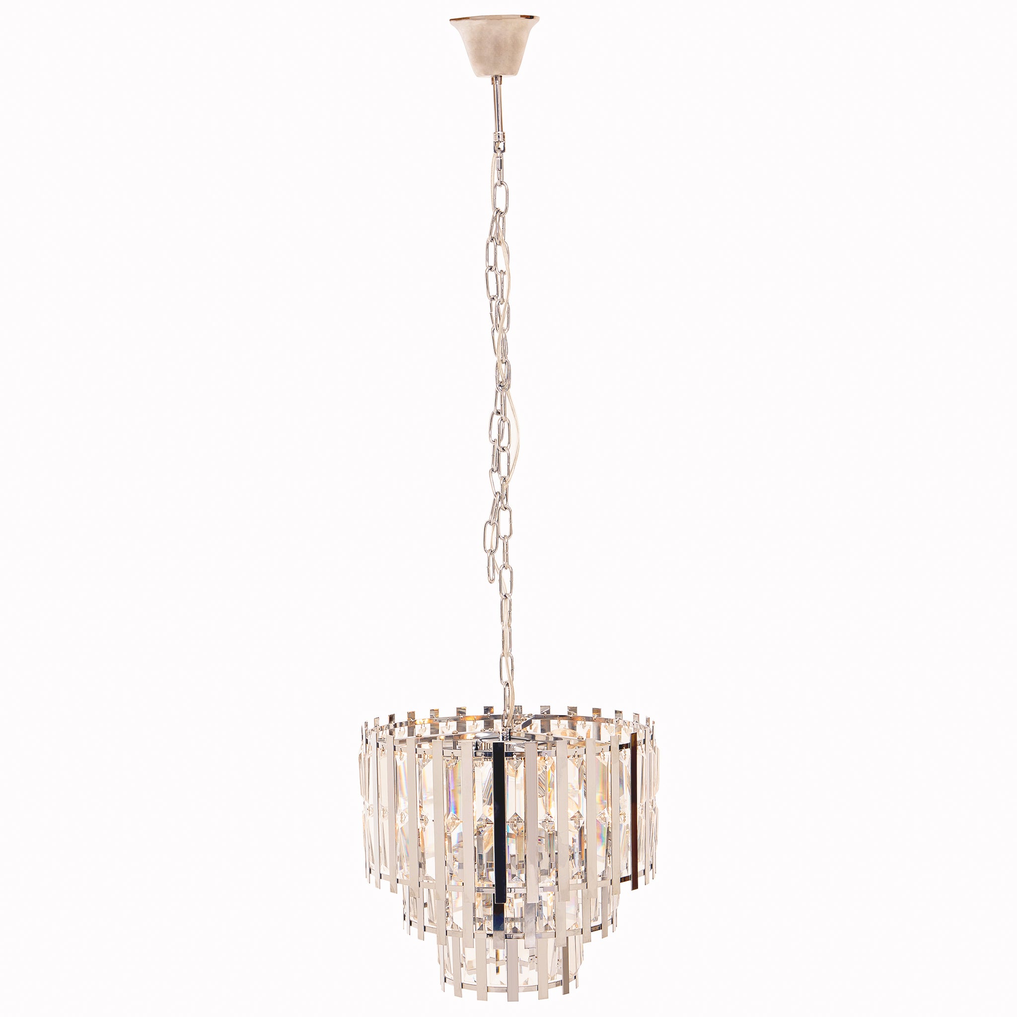Full-length view of the Adrien Chrome Crystal 8 Light Chandelier with adjustable chrome suspension chain, sparkling crystal glass panels and tiered contemporary design for elegant dining room and hallway lighting.