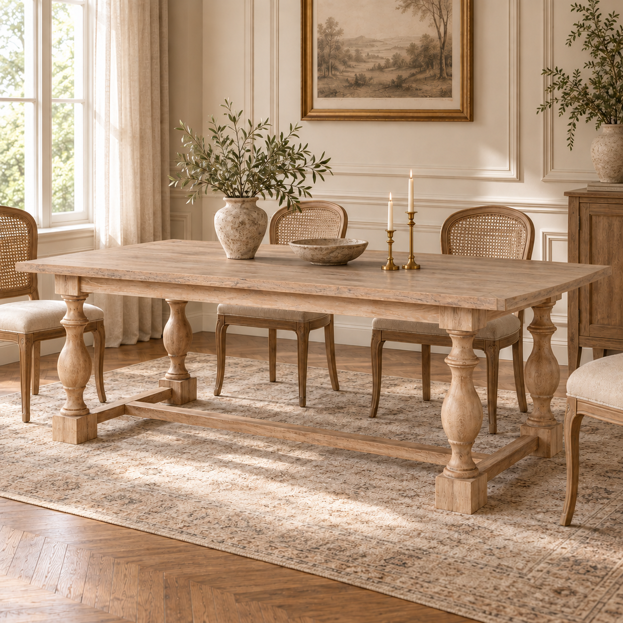 Alaric 220cm washed oak dining table for 8–10 in a bright French dining room with cane chairs, rug and framed art.