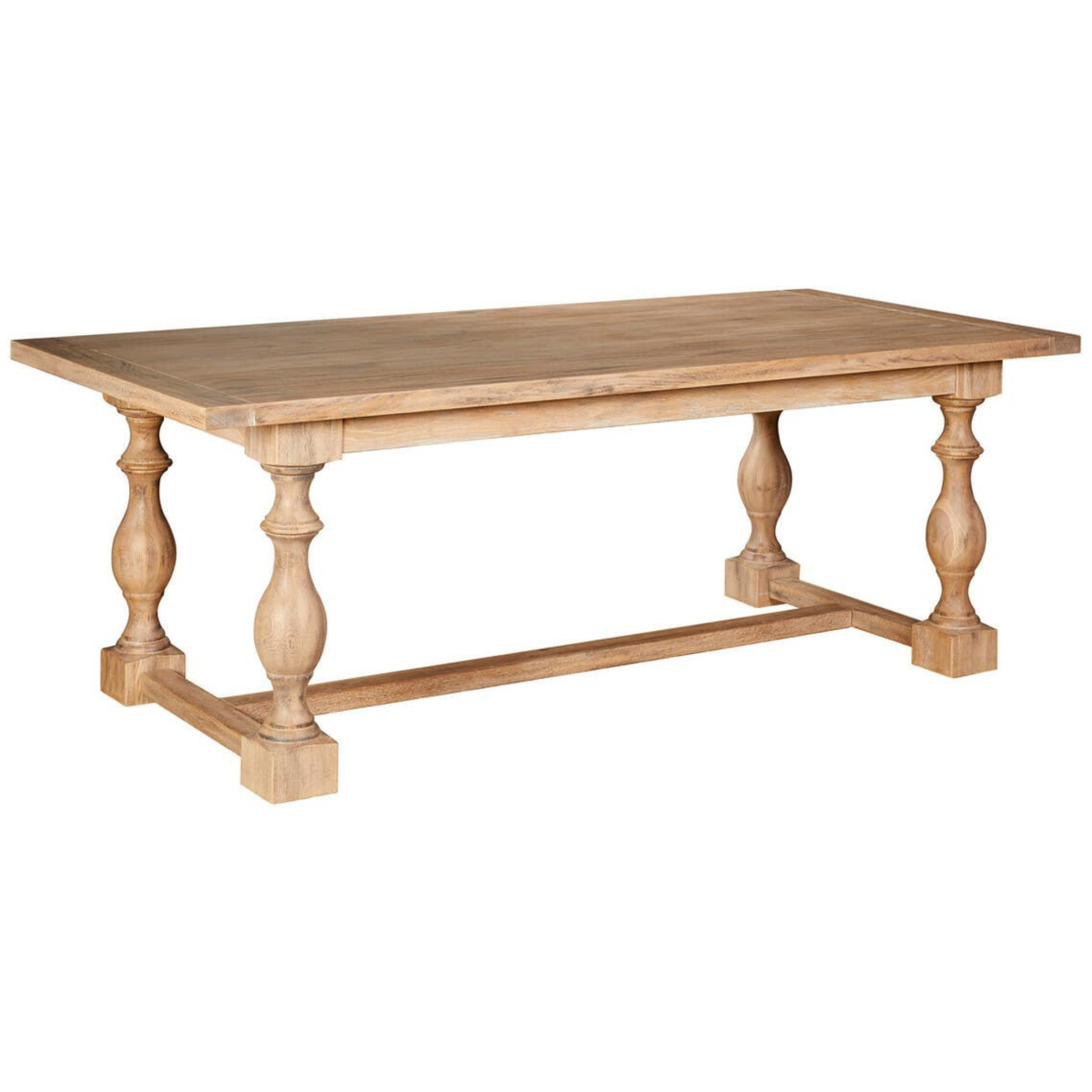Alaric 220cm washed oak dining table with turned legs and stretcher, isolated on a white studio background.