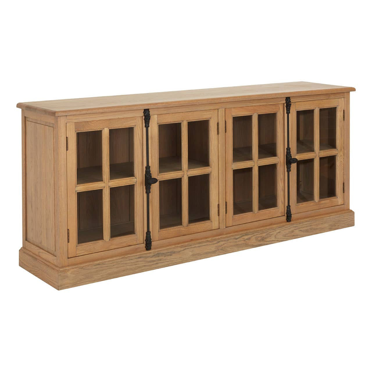 Angled view of the Alaric Four Door Display Sideboard in washed oak wood with four glass display doors, generous internal shelving, black metal hardware and classic oak craftsmanship for elegant home storage.