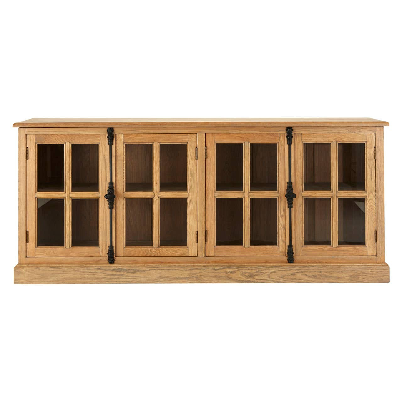 Front view of the Alaric Four Door Display Sideboard in washed oak wood, featuring four glazed display cabinet doors, spacious internal shelving, black metal door handles and timeless oak storage for living rooms, dining rooms or kitchens.