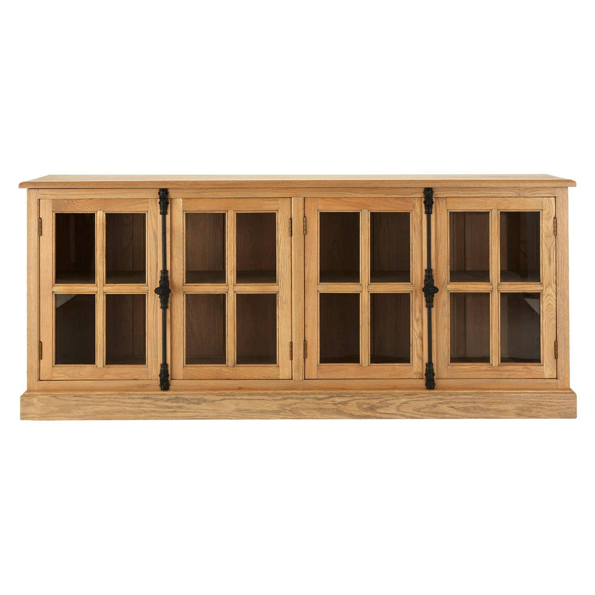 Front view of the Alaric Four Door Display Sideboard in washed oak wood, featuring four glazed display cabinet doors, spacious internal shelving, black metal door handles and timeless oak storage for living rooms, dining rooms or kitchens.