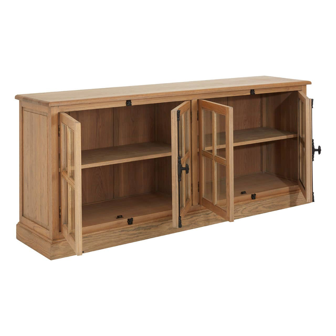 Fully opened Alaric Four Door Display Sideboard in washed oak wood showcasing generous internal storage shelves, glass cabinet doors and practical organisation for dining room, kitchen or living room storage.